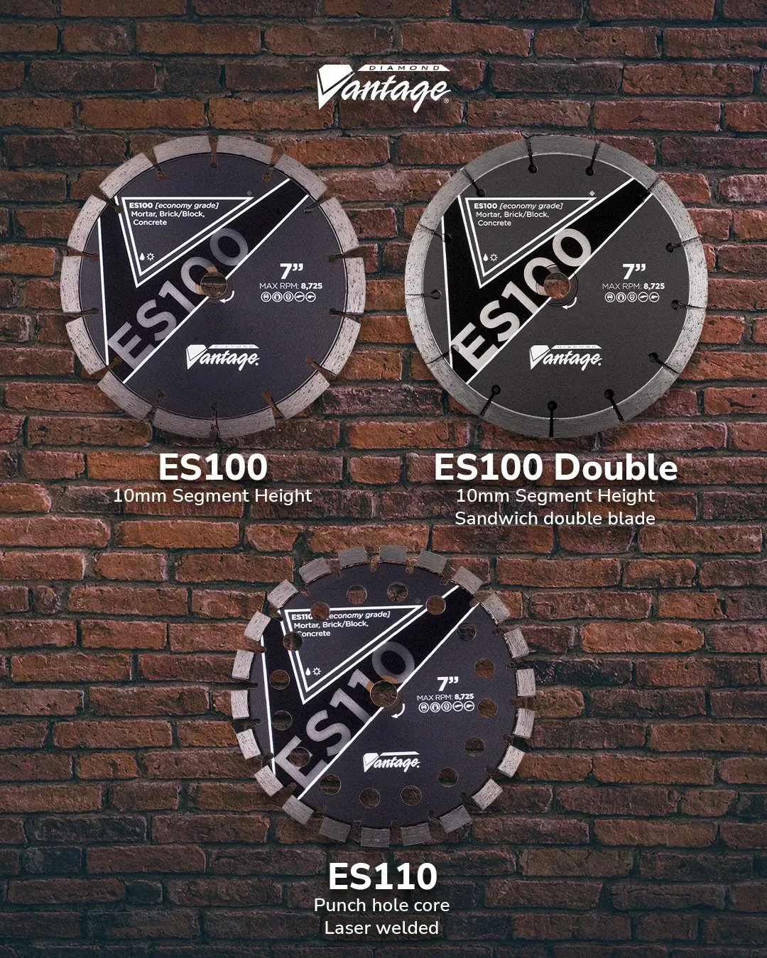 Diamond Vantage ES100 Concrete Tuckpoint Diamond Blade 7 Diamond Vantage ES100 and ES110 tuckpoint diamond blades showing standard, double, and punch core designs