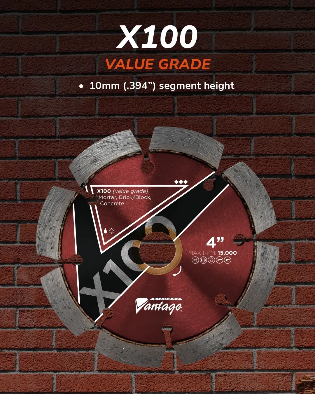 Diamond Vantage X100 Value Mortar Tuckpoint Diamond Blade 6 Diamond Vantage X100 4 inch value mortar tuckpoint diamond blade on brick wall