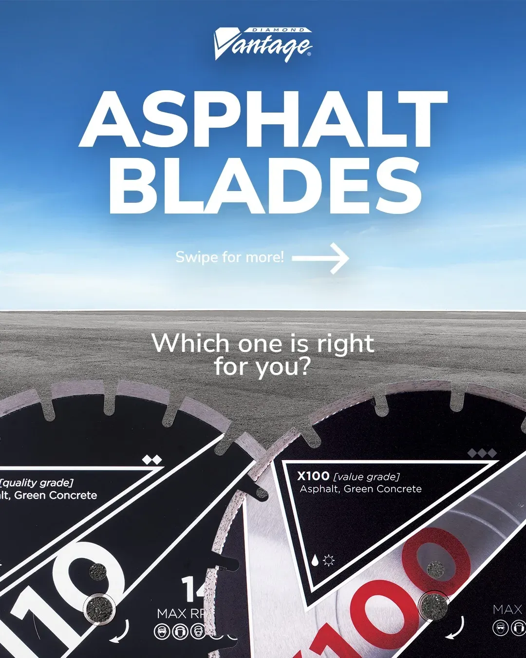 Diamond Vantage X100 Asphalt Green Concrete Diamond Blade 9 Diamond Vantage X100 value grade asphalt diamond blade on asphalt surface