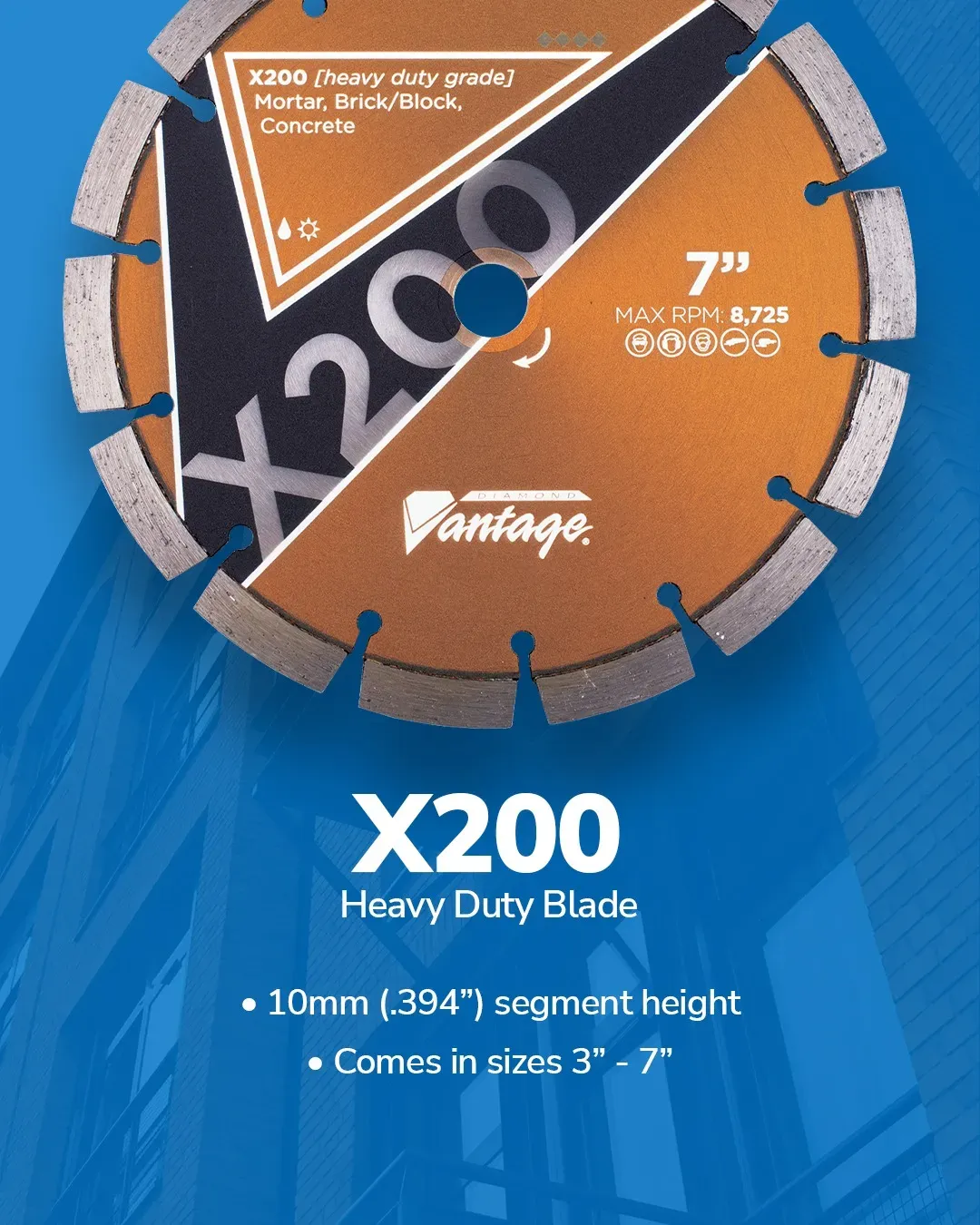 Diamond Vantage X200 Mortar Concrete Tuckpoint Diamond Blade 6 Diamond Vantage X200 heavy duty diamond blade showing 10mm segment height and size range for mortar and concrete work