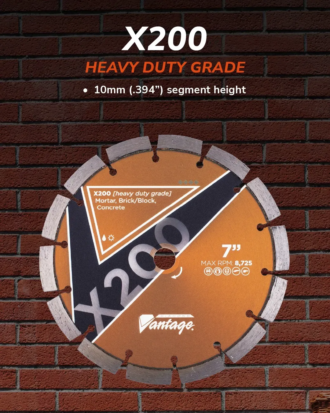 Diamond Vantage X200 Mortar Concrete Tuckpoint Diamond Blade 5 Diamond Vantage X200 heavy duty mortar and brick diamond blade displayed against brick wall background