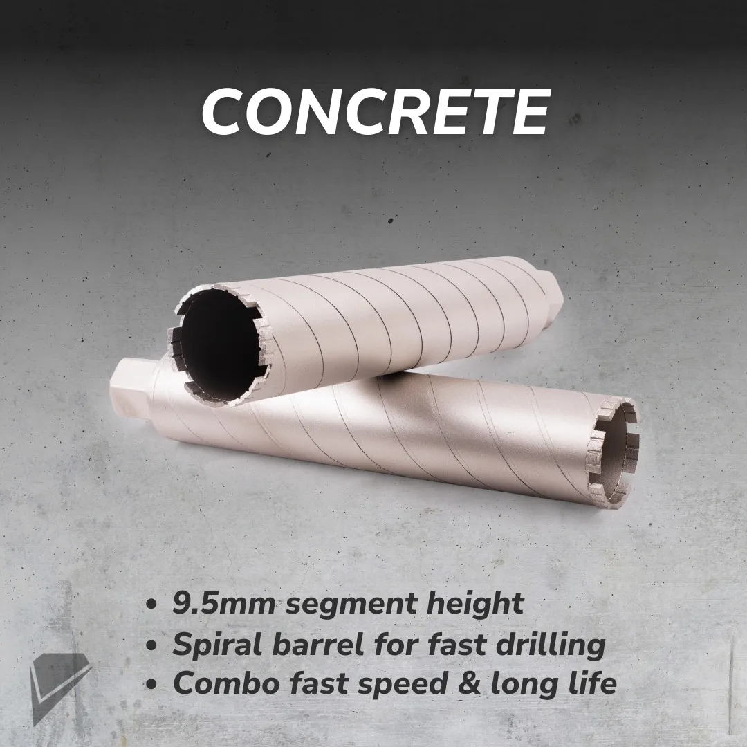 Diamond Vantage X301 ZZ Turbo Concrete Wet Core Drill Bit 5 Diamond Vantage X301 ZZ Turbo wet concrete core drill bit showing spiral barrel and segment height