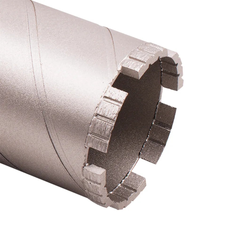 Diamond Vantage X301 ZZ Turbo Concrete Wet Core Drill Bit 3 Close-up of slanted turbo diamond segments on a wet core drill bit for concrete.