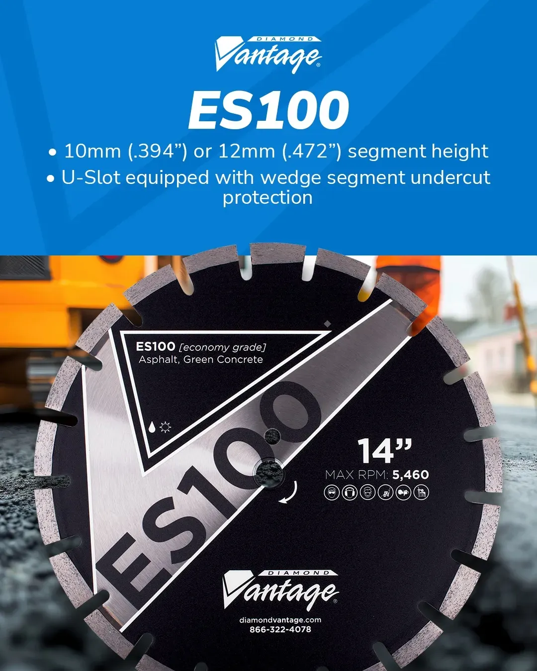 Diamond Vantage ES100 Asphalt Green Concrete Diamond Blade 7 Diamond Vantage ES100 asphalt diamond blade with wedge segment undercut protection