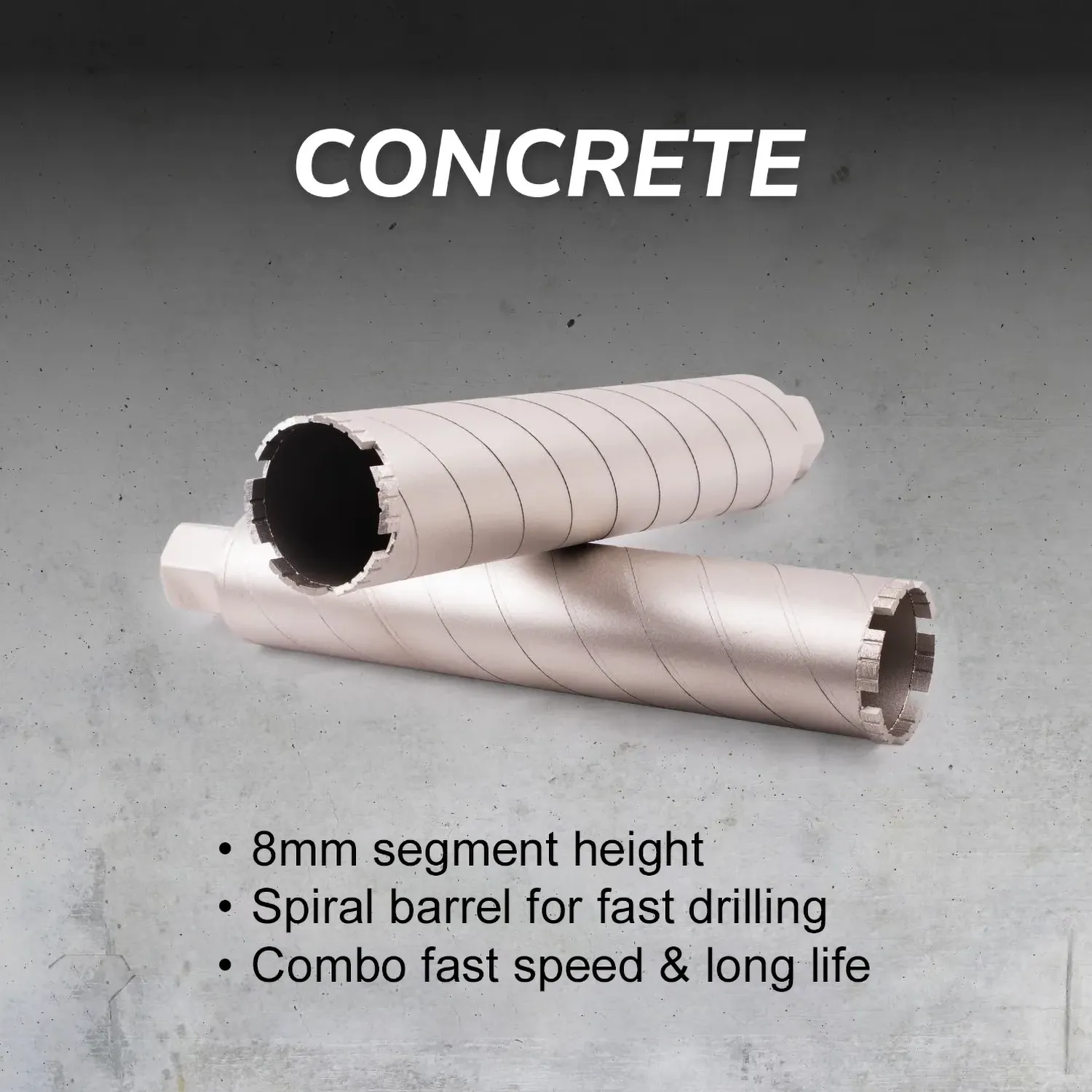 Diamond Vantage X301 ZZ Turbo Concrete Wet Core Drill Bit 6 Feature summary of the X301 ZZ Turbo core bit for concrete, highlighting 8mm segment height and spiral barrel design.