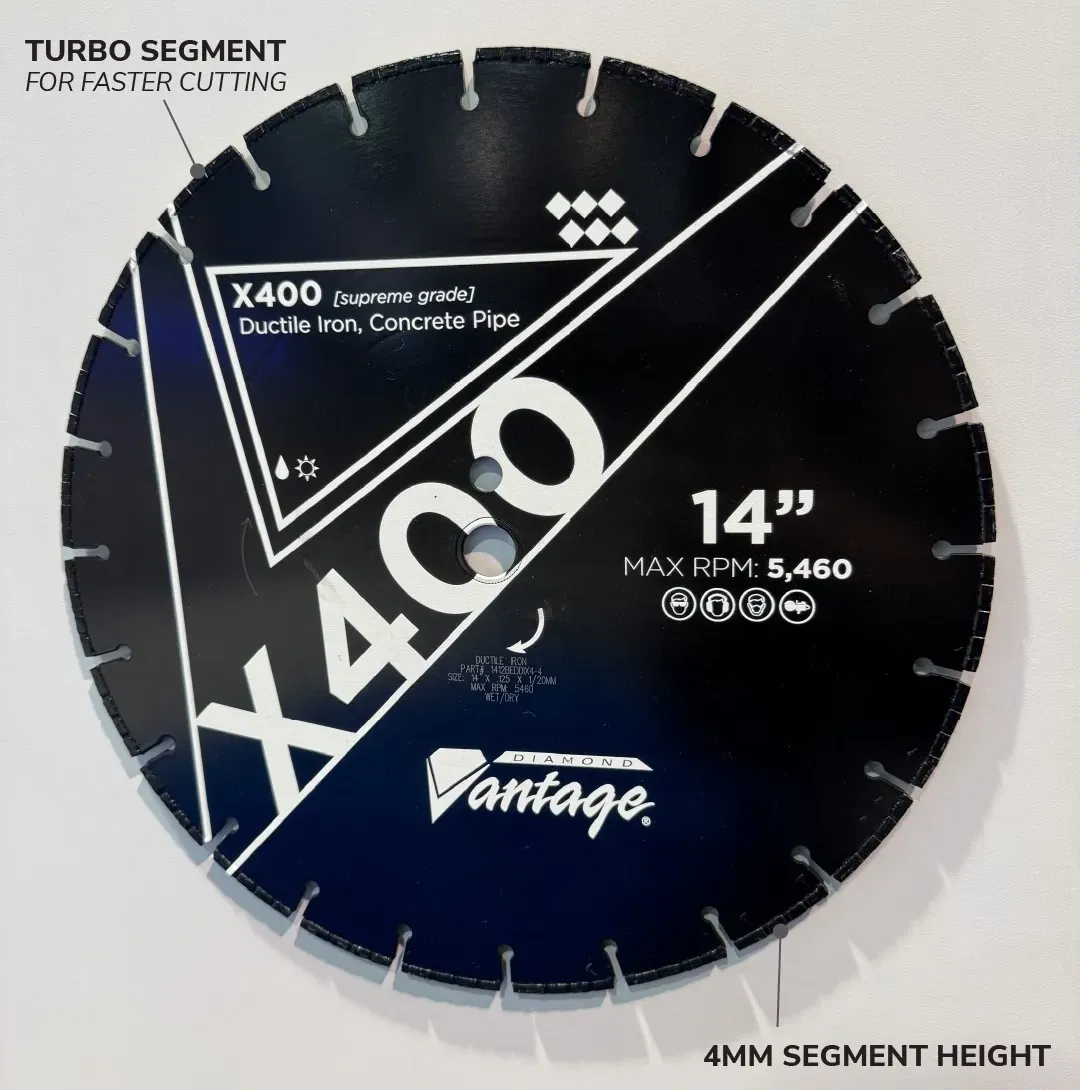 Diamond Vantage X400 Ductile Iron Pipe Diamond Blade 5 Turbo diamond blade segments showing segment height for faster cutting