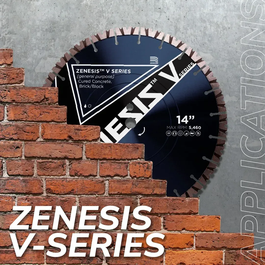 Zenesis V-Series | 15mm Segment General Purpose Concrete Blade 5 Professional Zenesis V-Series 14-inch diamond blade shown in a masonry application setting with a red brick wall background to demonstrate concrete and brick cutting capabilities.