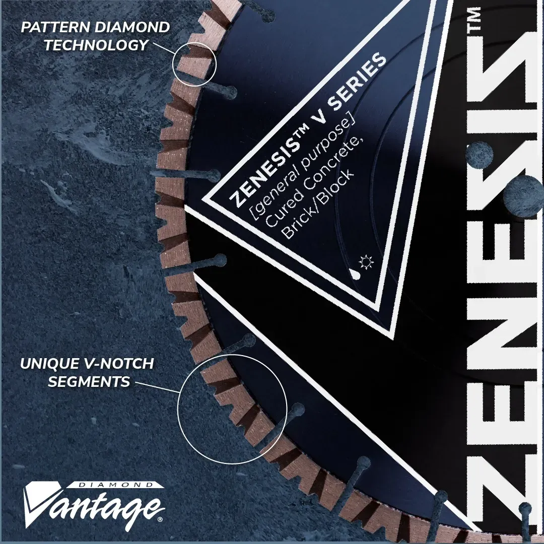 Zenesis V-Series | 15mm Segment General Purpose Concrete Blade 7 Technical specification diagram for the Zenesis V-Series blade highlighting the 15mm segment height, unique V-notch design, and patterned diamond technology for extended tool life.