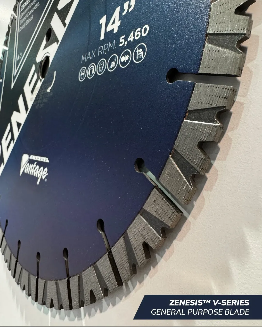 Zenesis V-Series | 15mm Segment General Purpose Concrete Blade 6 High-detail close-up of Zenesis V-Series diamond blade segments showing the V-notch design, diamond grit texture, and safety specifications including 5,460 MAX RPM.