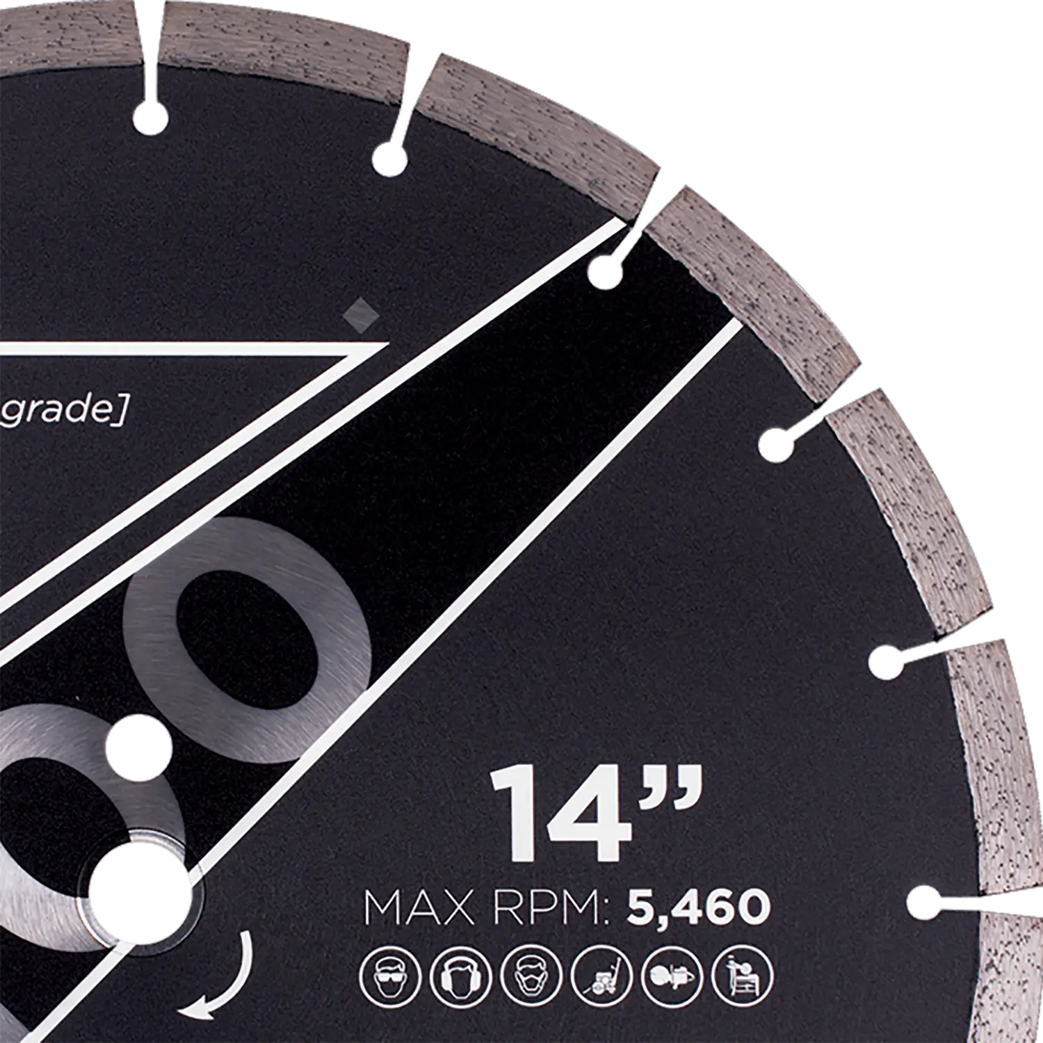 Diamond Vantage ES100 General Purpose Concrete Diamond Blade 2 Diamond Vantage ES100 14" general purpose concrete cutting diamond blade with segmented rim close up of Mac RPM 5460