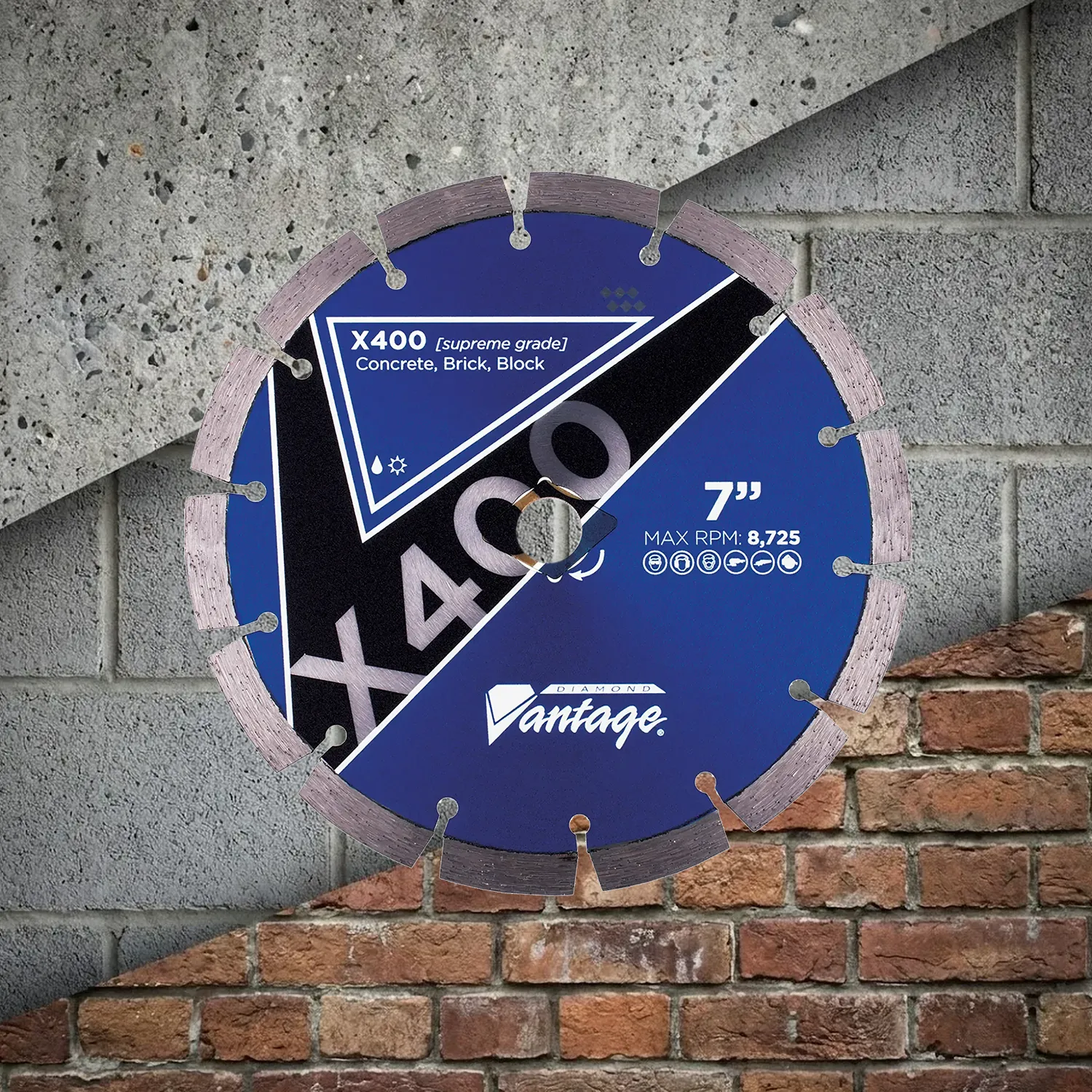 Diamond Vantage X400 Small Diameter Concrete Diamond Blade 4 Diamond Vantage X400 supreme grade diamond blade for concrete, brick, and block shown on a multi-material background
