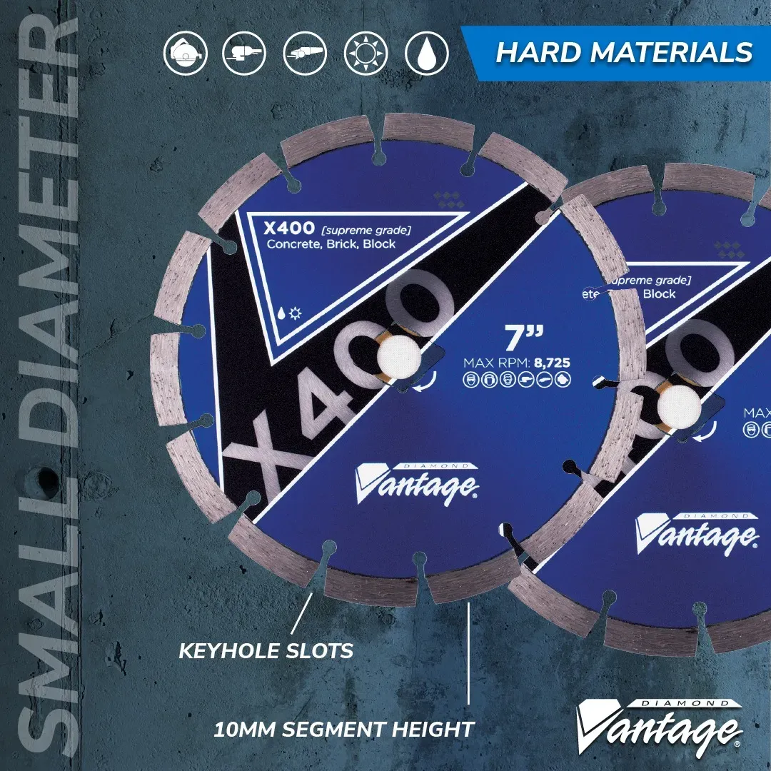 Diamond Vantage X400 Small Diameter Concrete Diamond Blade 6 Diamond Vantage X400 supreme grade small diameter diamond blade highlighting keyhole slots, 10mm segment height, and hard materials application.