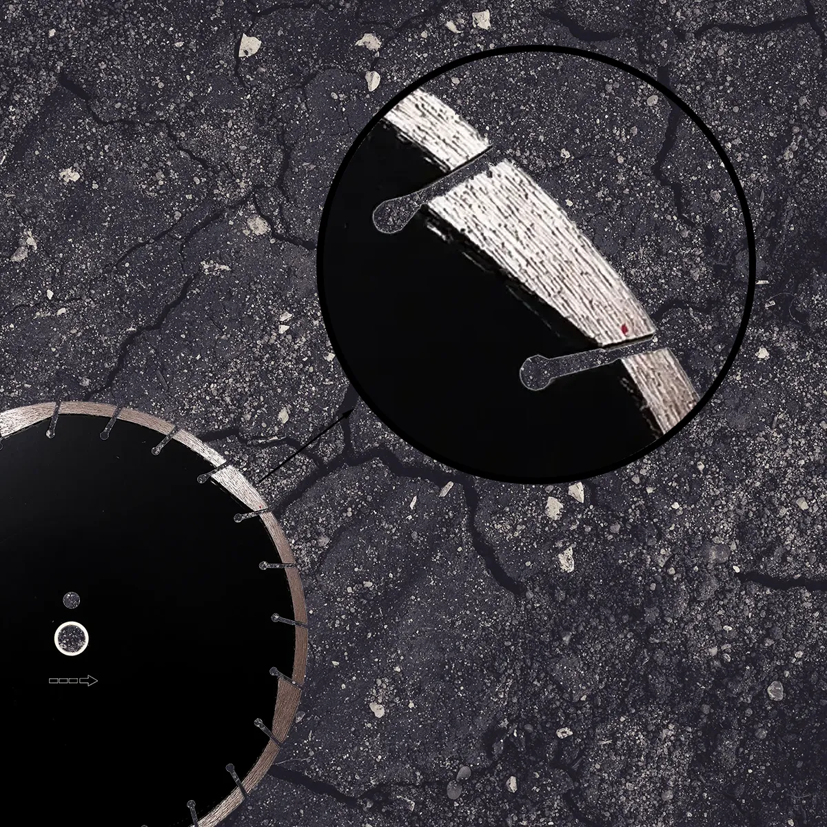 Astrocut AG100 Value Asphalt Green Concrete Diamond Blade 5 AG100 asphalt diamond blade with magnified segment detail on asphalt surface