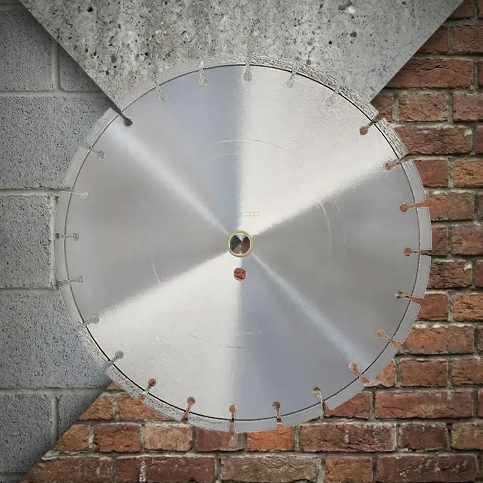 Astrocut B100 Value Concrete Brick Masonry Diamond Blade 5 Astrocut B100 value diamond blade on a tri-panel background of concrete, brick, and masonry construction materials.