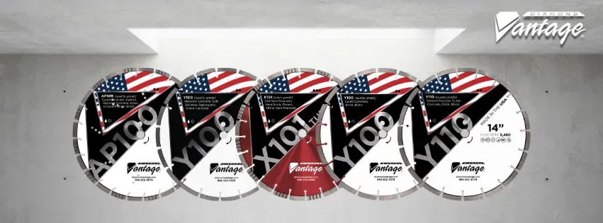 Diamond Vantage AP100 Combo Cut All-Purpose Diamond Blade 9 Diamond Vantage AP100 Combo Cut diamond blade lineup showing multiple blade sizes and styles