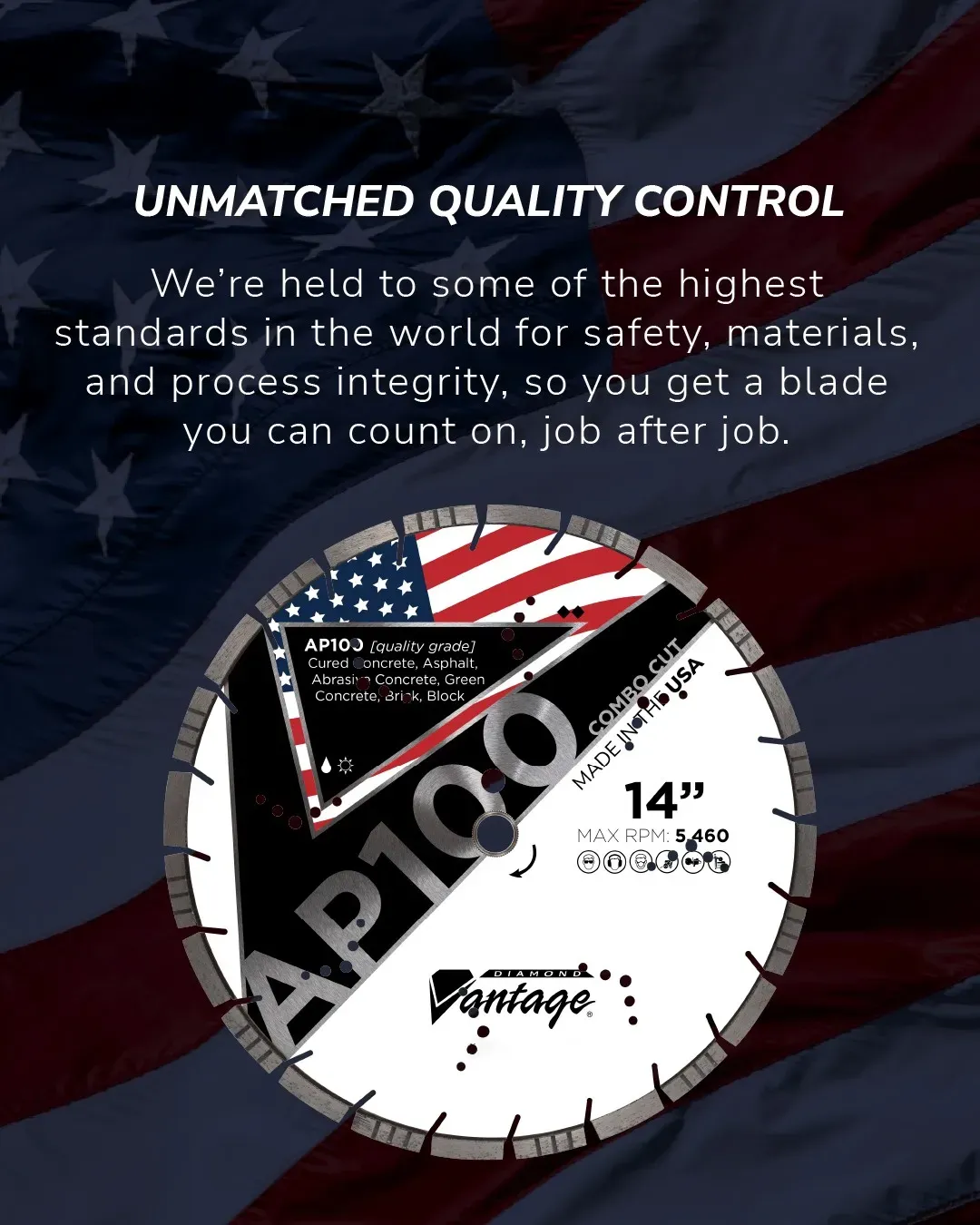 Diamond Vantage AP100 Combo Cut All-Purpose Diamond Blade 8 Diamond Vantage AP100 Combo Cut diamond blade showing segment height and turbo segment design