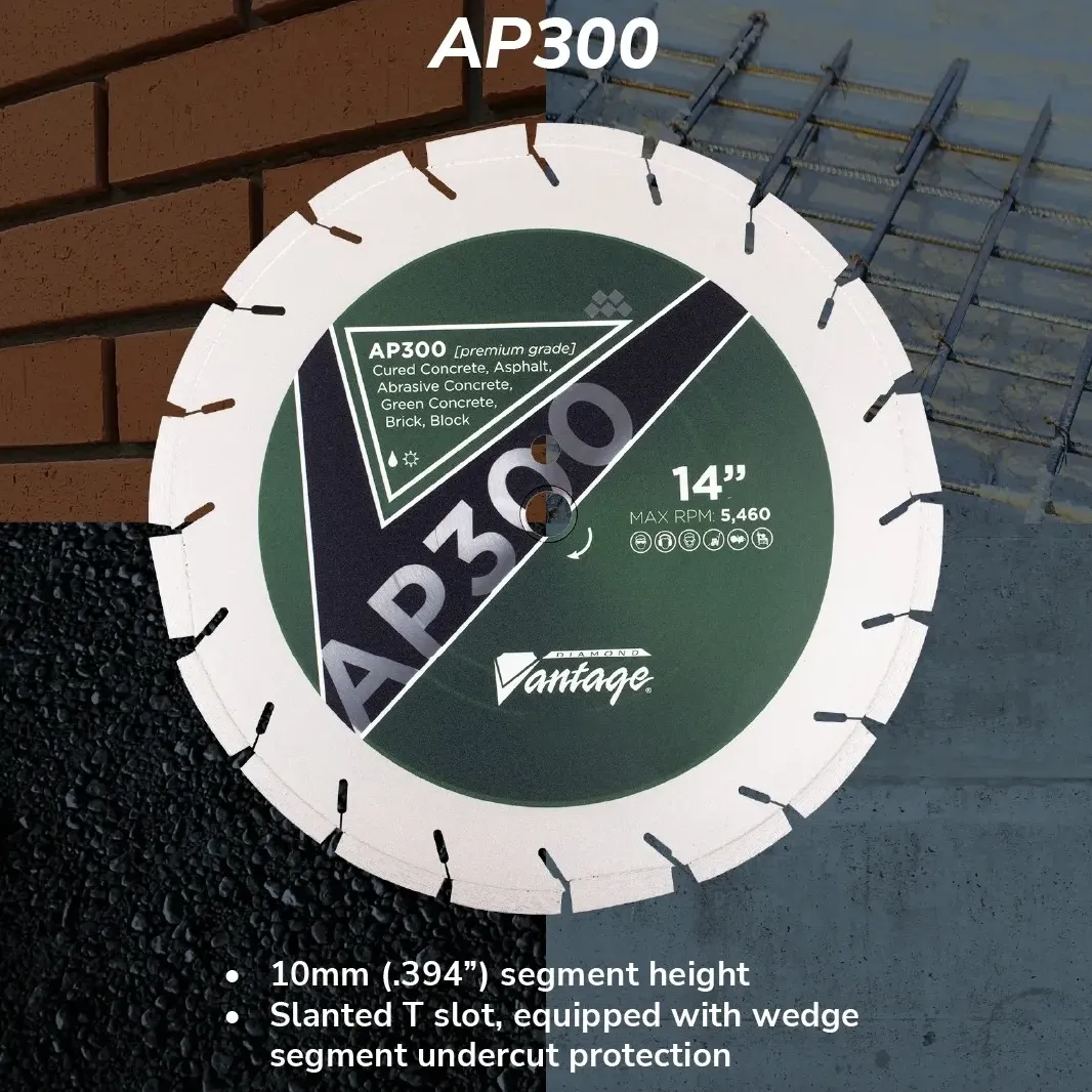 Diamond Vantage AP300 All Purpose Segmented Diamond Blade 6 Diamond Vantage AP300 premium all-purpose diamond blade shown for concrete, asphalt, brick, and block cutting