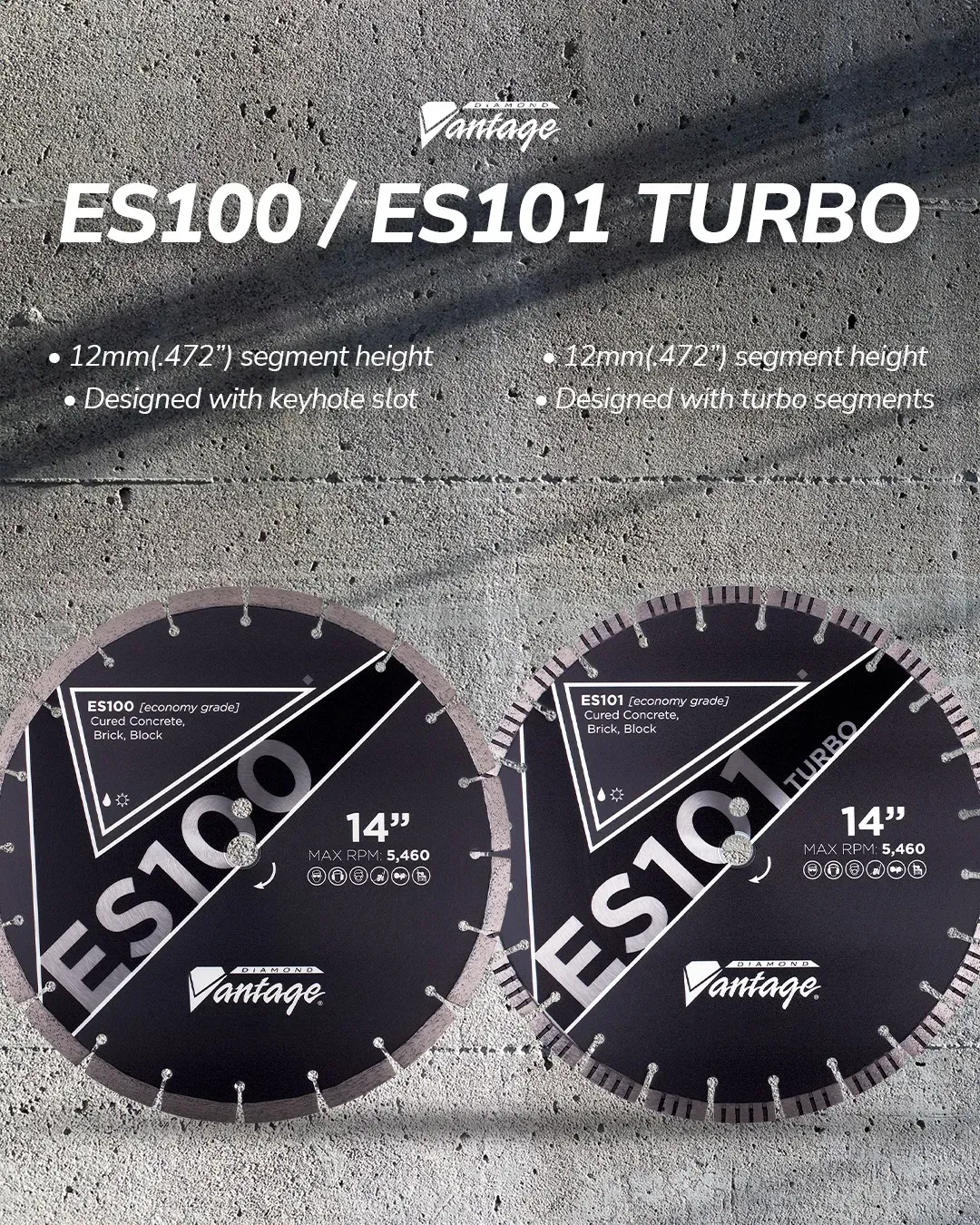 Diamond Vantage ES101 General Concrete Turbo Diamond Blade 5 Comparison of Diamond Vantage ES100 standard segmented blade and ES101 turbo segmented blade