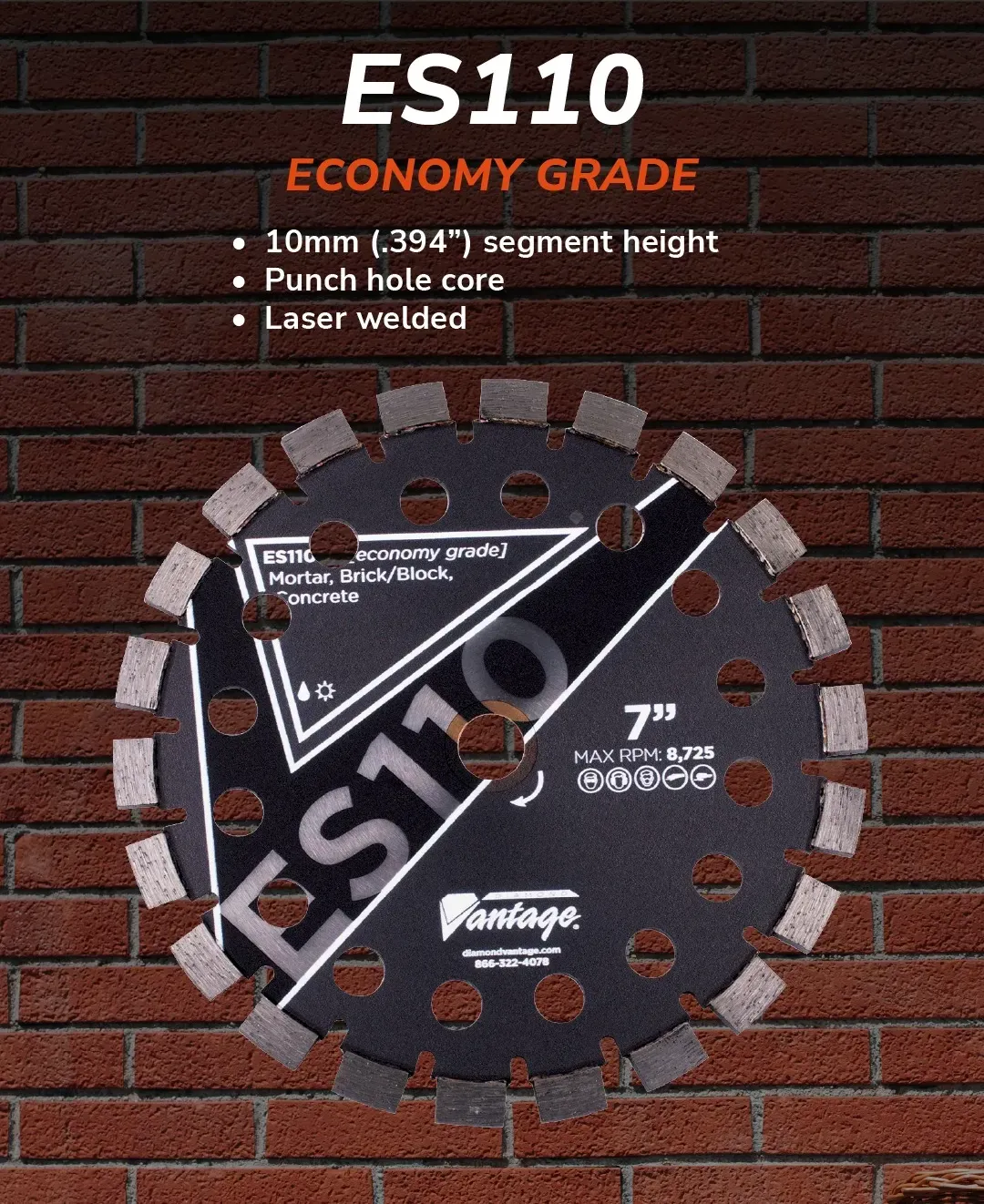Diamond Vantage ES100 Concrete Tuckpoint Diamond Blade 5 Diamond Vantage ES110 economy grade tuckpoint diamond blade shown against brick background