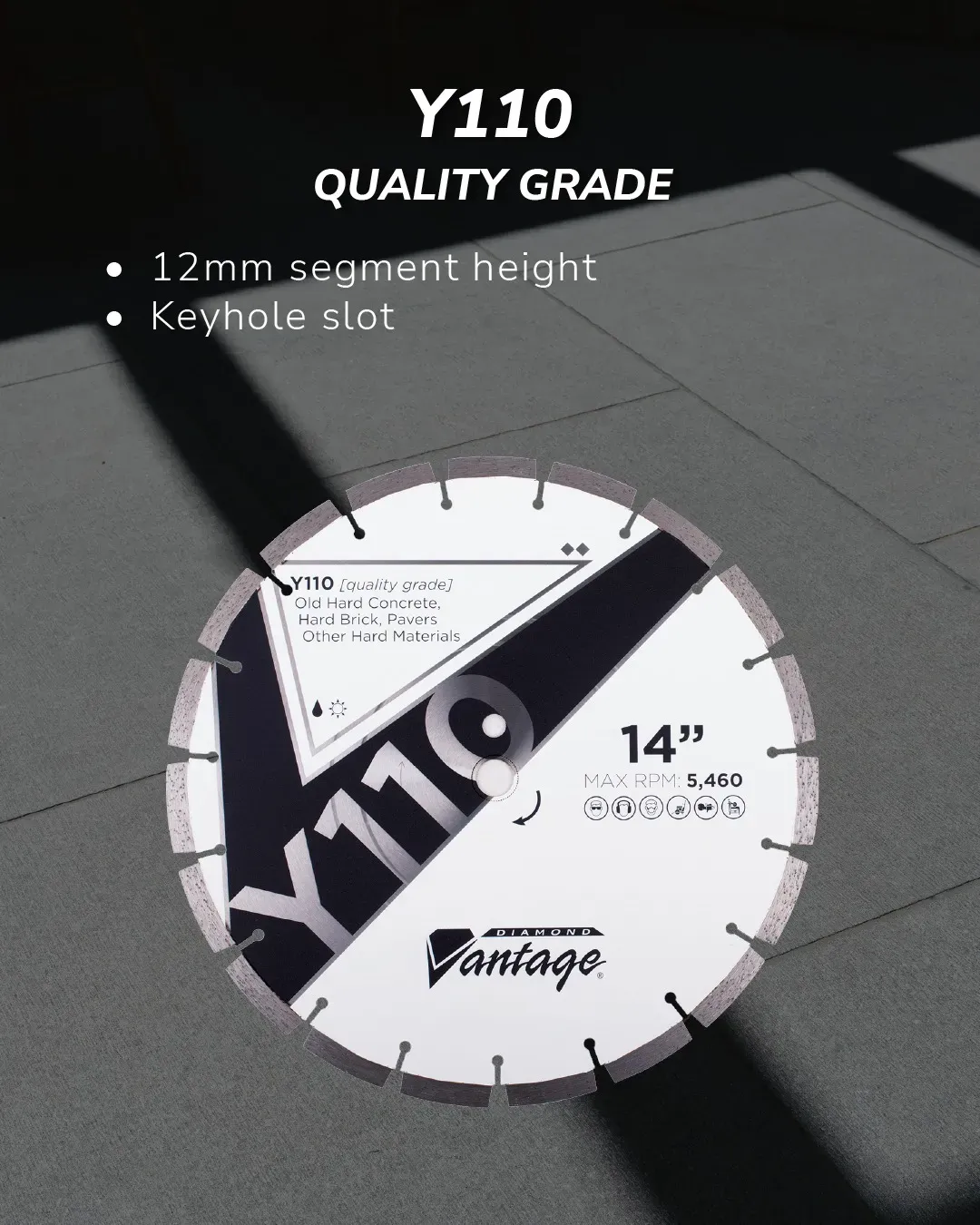Diamond Vantage Y110 Concrete Brick Masonry Diamond Blade 5 Diamond Vantage masonry diamond blade lineup showing multiple blade models for concrete and brick cutting