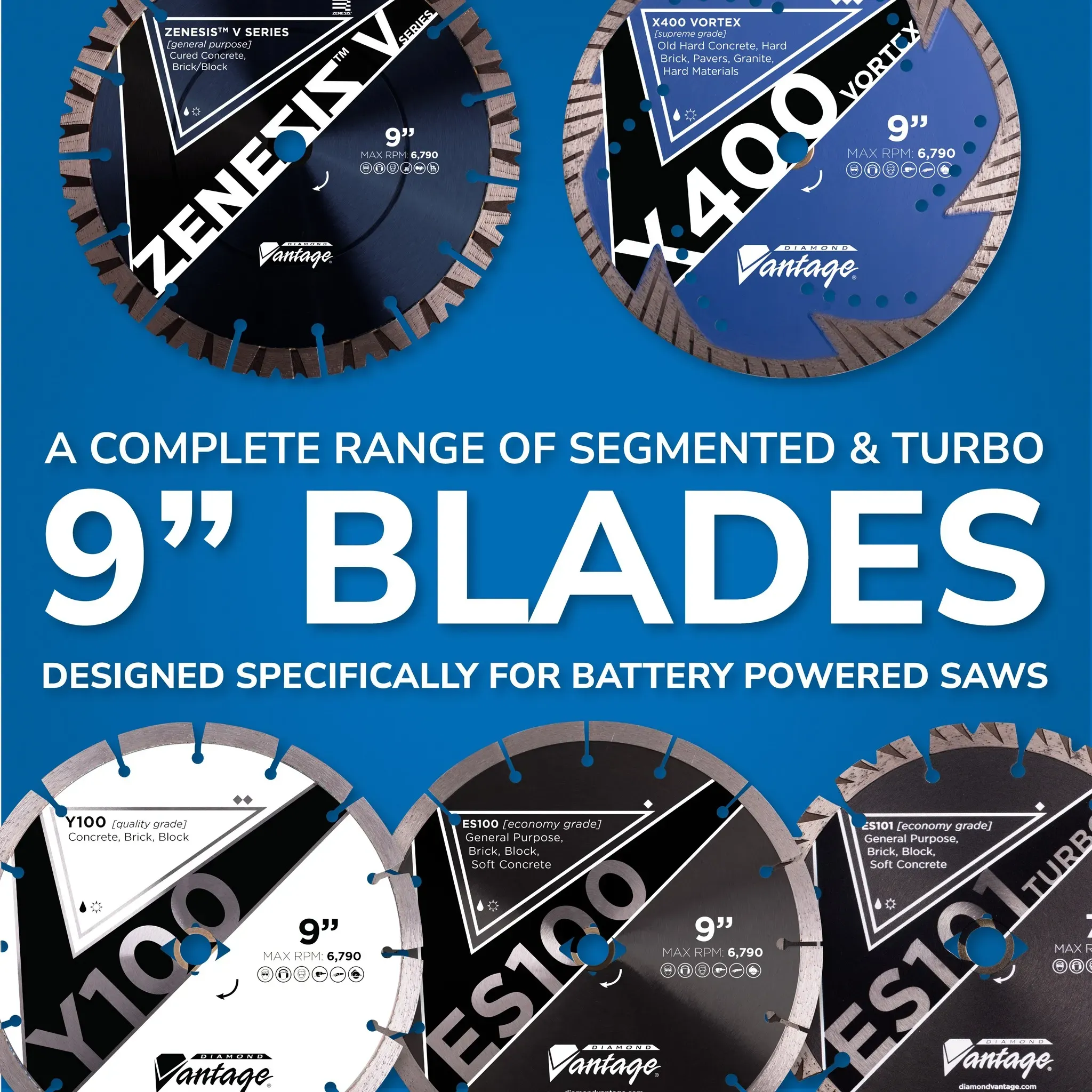 Diamond Vantage Y100 Concrete Brick Small Diameter Blade 6 Small diameter diamond blades designed for battery powered saws including Y100 series
