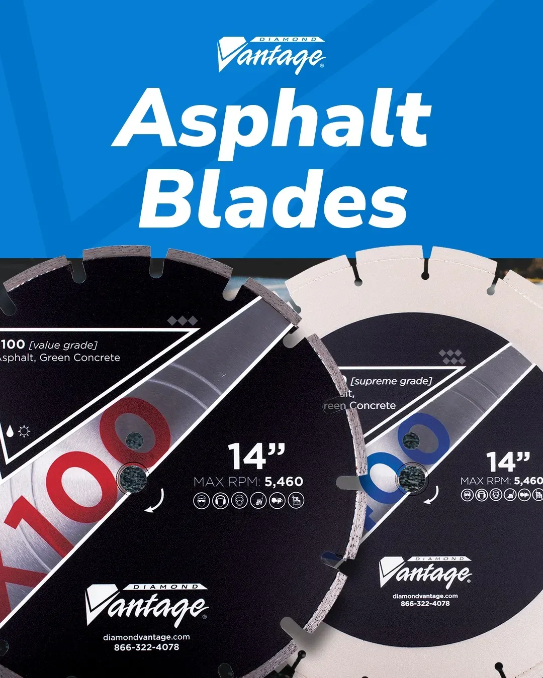 Diamond Vantage X100 Asphalt Green Concrete Diamond Blade 5 Diamond Vantage X100 value grade asphalt diamond blade for asphalt and green concrete cutting