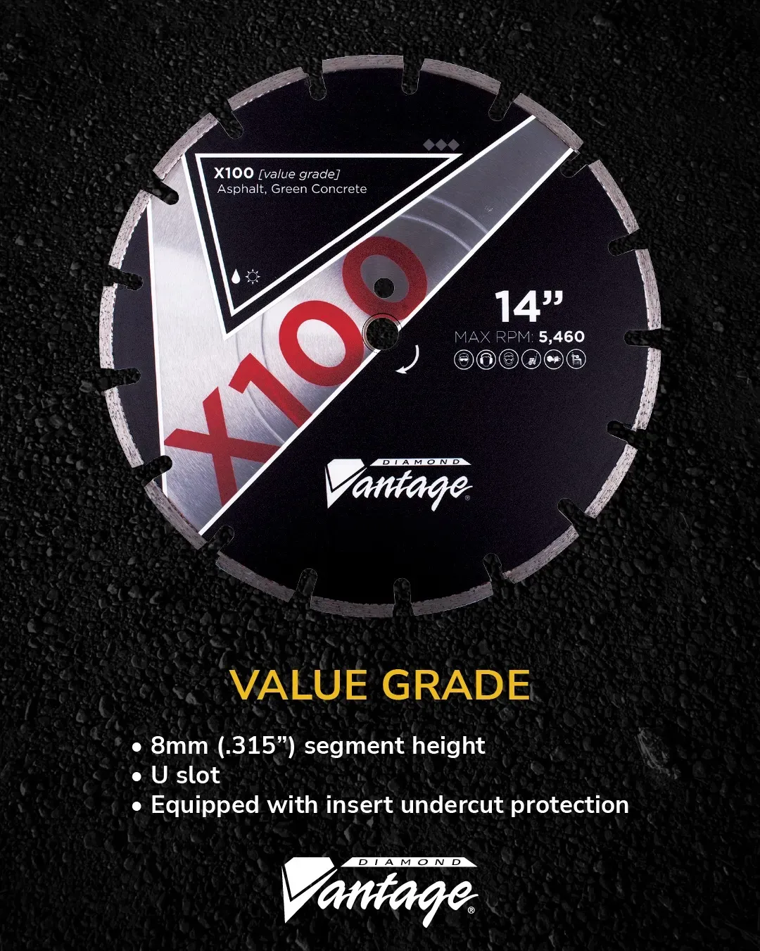 Diamond Vantage X100 Asphalt Green Concrete Diamond Blade 6 X100 value grade asphalt diamond blade showing 8mm segment height and U-slot design
