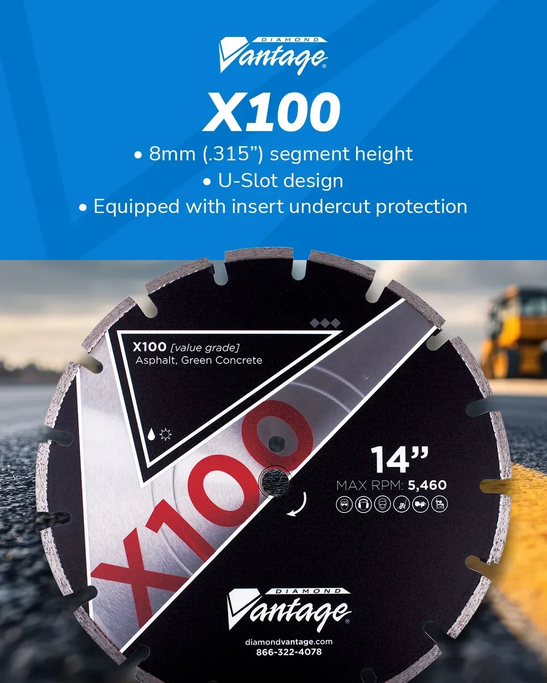 Diamond Vantage X100 Asphalt Green Concrete Diamond Blade 7 X100 value grade asphalt diamond blade showing 8mm segment height and U-slot design