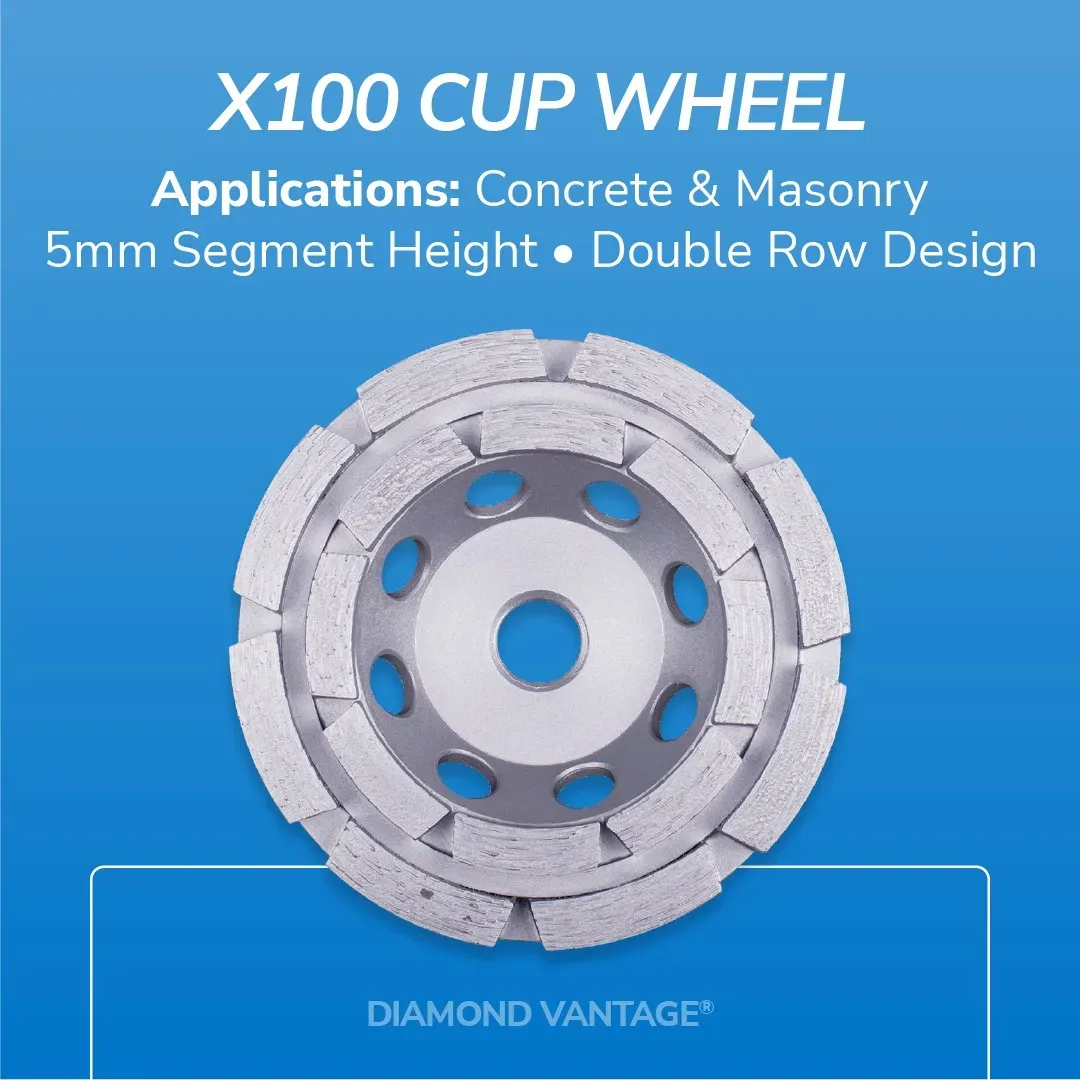 Diamond Vantage X100 Concrete Segment Grinding Cup Wheel 6 Diamond Vantage X100 concrete grinding cup wheel showing double row design and 5mm segment height