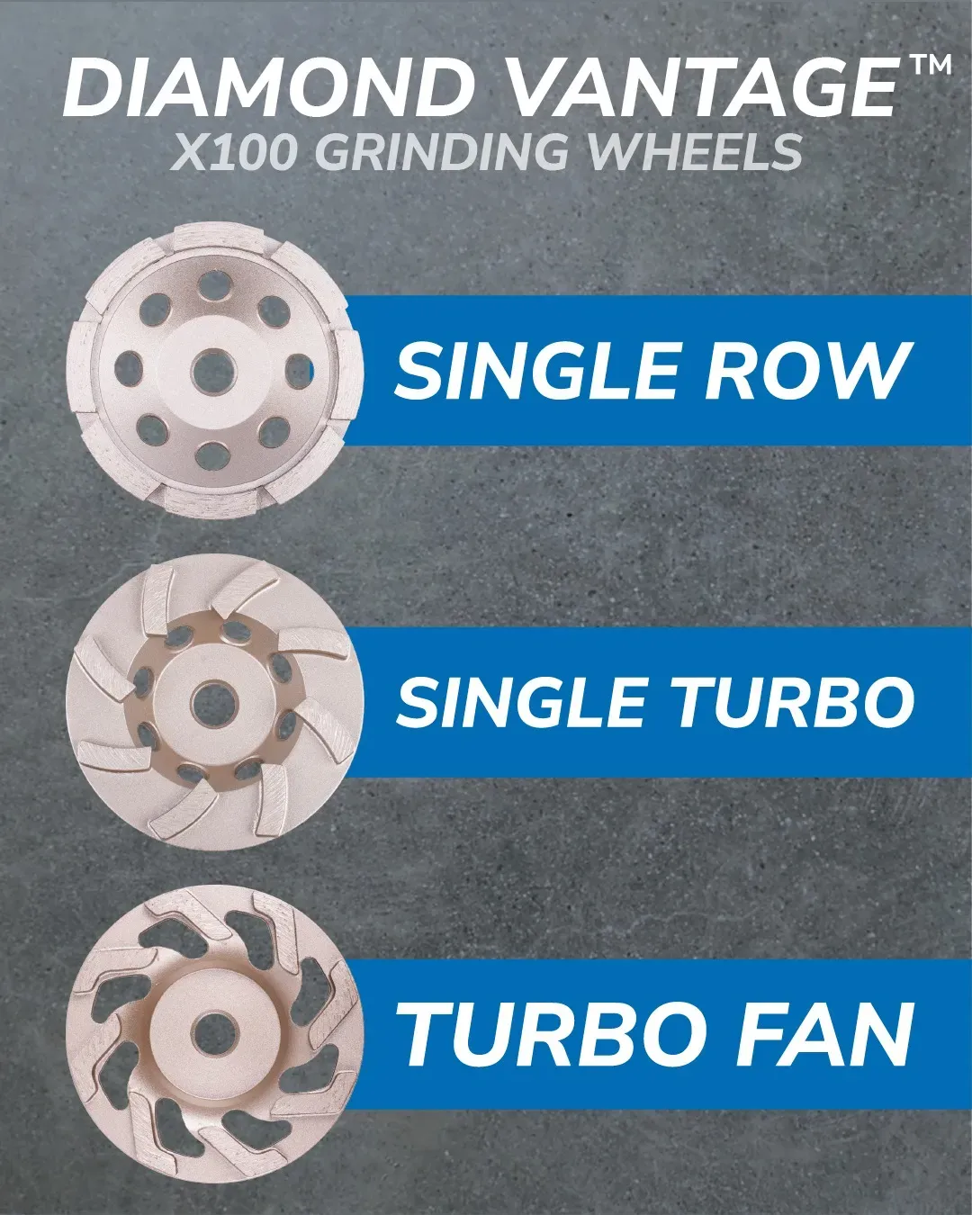 Diamond Vantage X100 Concrete Value Single Row Segment Grinding Cup 5 Diamond Vantage X100 diamond grinding cup wheels showing single row, single turbo, and turbo fan styles