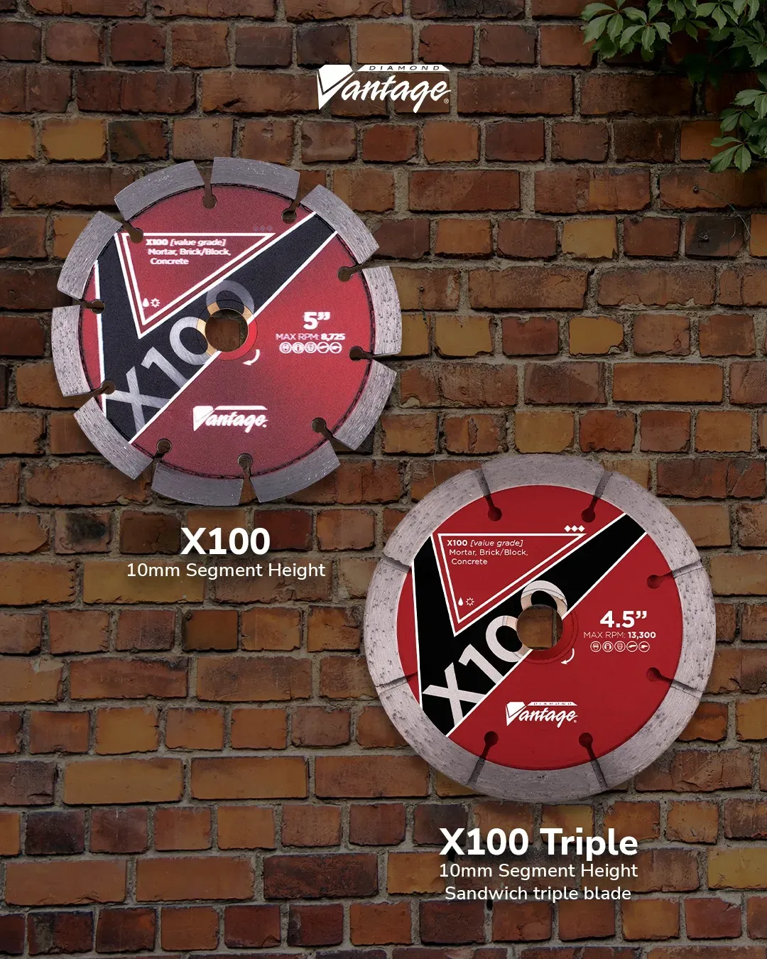 Diamond Vantage X100 Value Mortar Tuckpoint Diamond Blade 5 Diamond Vantage X100 value mortar tuckpoint diamond blades displayed on brick wall background