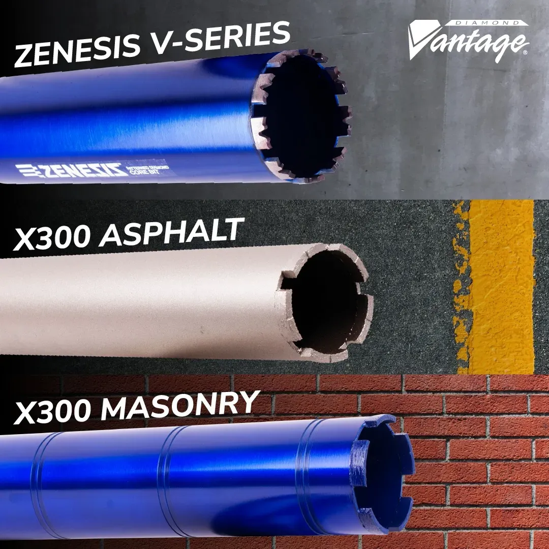 Diamond Vantage X300 Concrete Wet Diamond Core Drill Bit 5 Diamond Vantage X300 concrete wet core drill bit shown with asphalt and masonry series