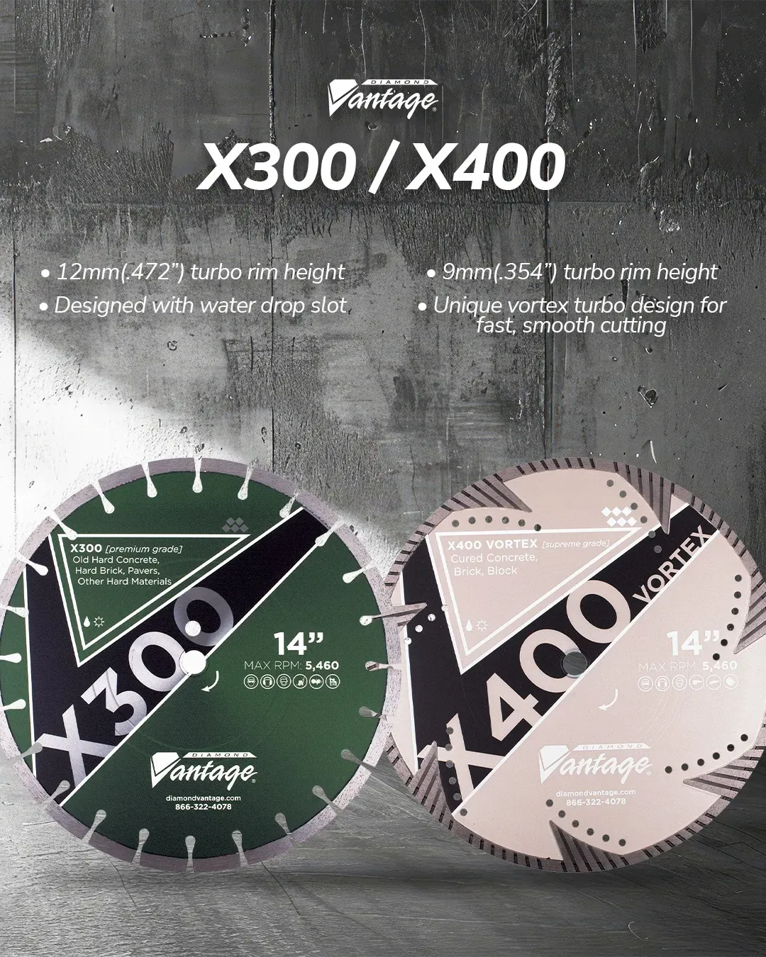 Diamond Vantage X300 Premium Brick Masonry Diamond Blade 7 Comparison of Diamond Vantage X300 and X400 diamond blades showing segment and design differences