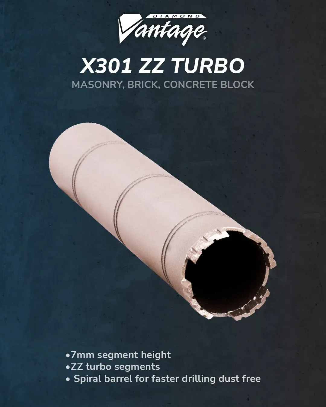 Diamond Vantage X301 ZZ Turbo Concrete Wet Core Drill Bit 8 Diamond Vantage X301 ZZ Turbo core drill bit for masonry brick and concrete block