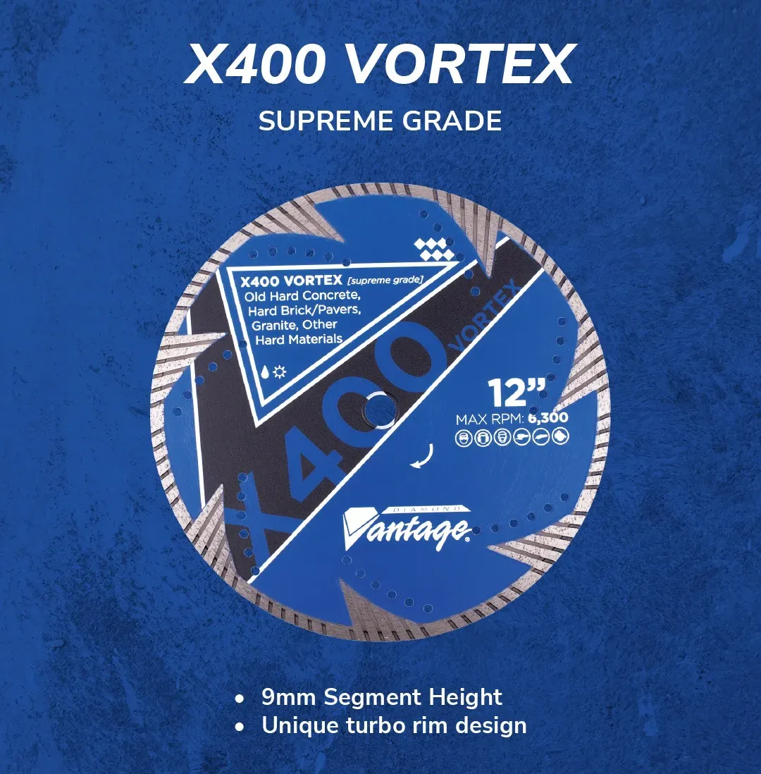 Diamond Vantage Supreme Masonry Diamond Blade X400 Vortex 6 Diamond Vantage X400 Vortex supreme grade diamond blade with 9mm segment height and vortex turbo rim for cutting hard concrete, brick, and pavers
