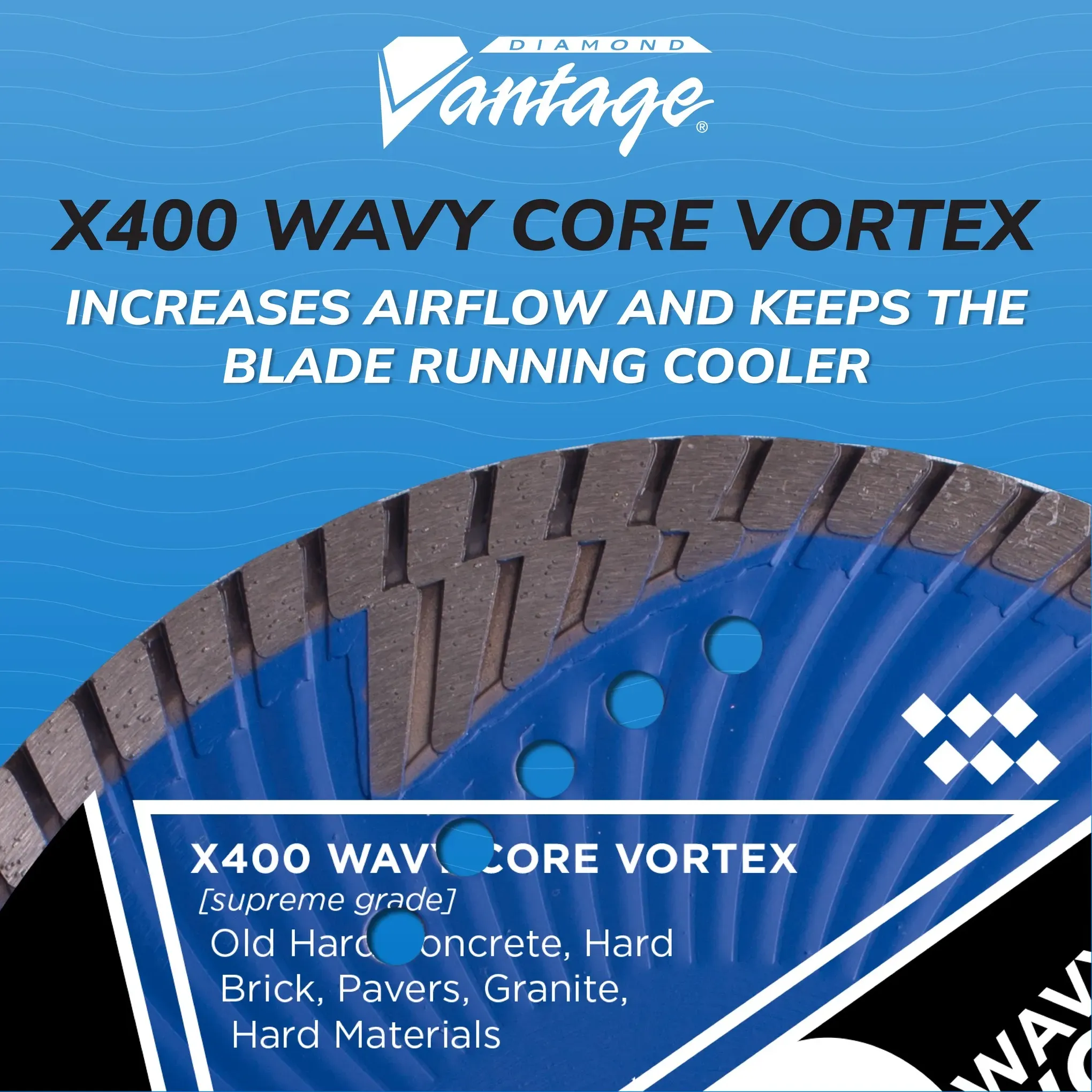 Diamond Vantage Supreme Masonry Diamond Blade X400 Vortex 7 Close-up of Diamond Vantage X400 Vortex wavy core design showing increased airflow to keep the diamond blade cooler during cutting.