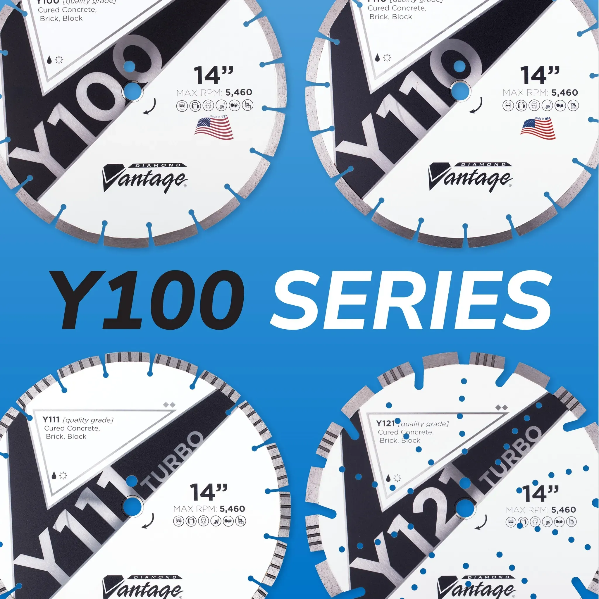 Diamond Vantage Y110 Concrete Brick Masonry Diamond Blade 6 Comparison image of Diamond Vantage Y100 series diamond blades highlighting segment styles and blade variations