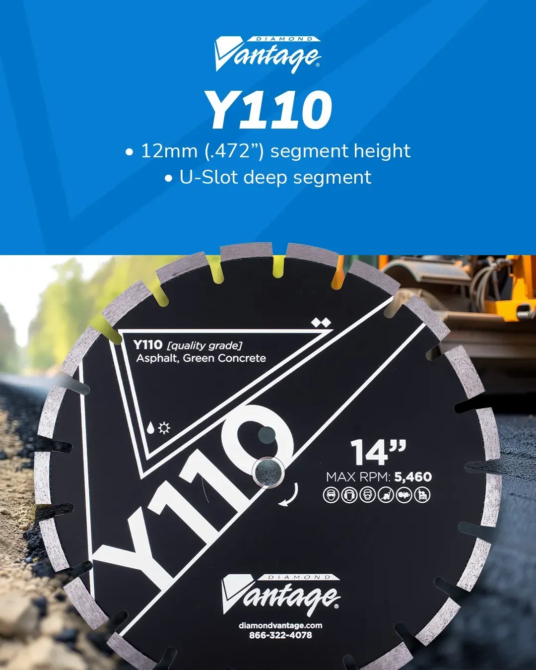 Diamond Vantage Y110 Asphalt Green Concrete Diamond Blade 10 Diamond Vantage Y110 asphalt and green concrete diamond blade branding image