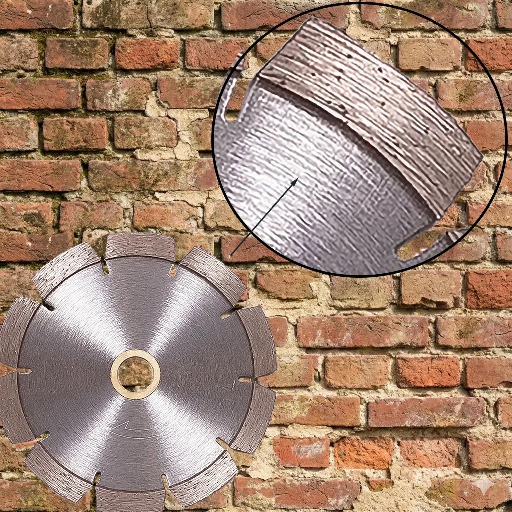 Astrocut T100 Concrete Mortar Tuck Point Diamond Blade 6 TX100 tuck point diamond blade with magnified segment detail against brick background