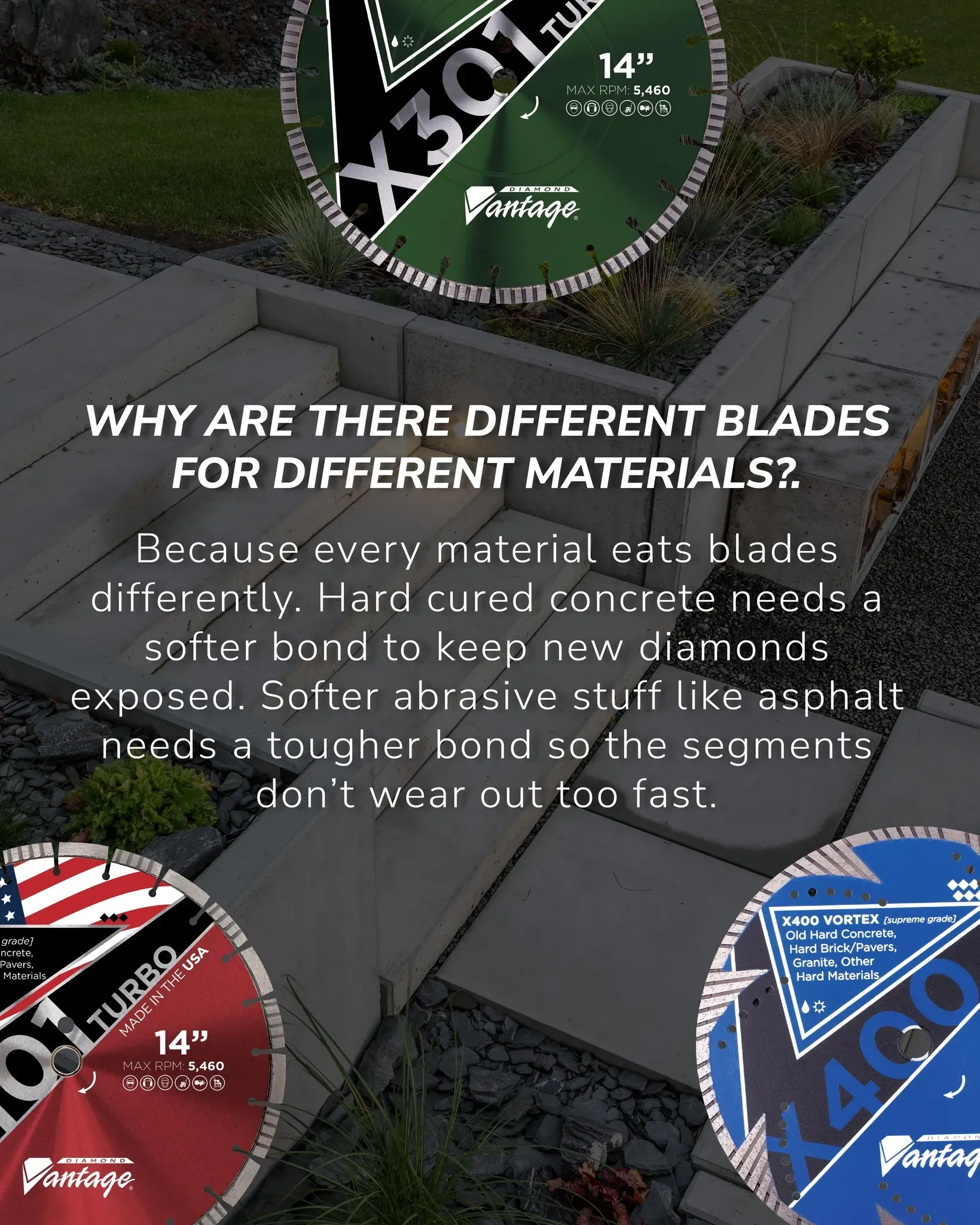 Diamond Vantage Supreme Masonry Diamond Blade X400 Vortex 8 Diamond Vantage X400 Vortex diamond blade explaining why different blades are used for different materials, including hard concrete and masonry.