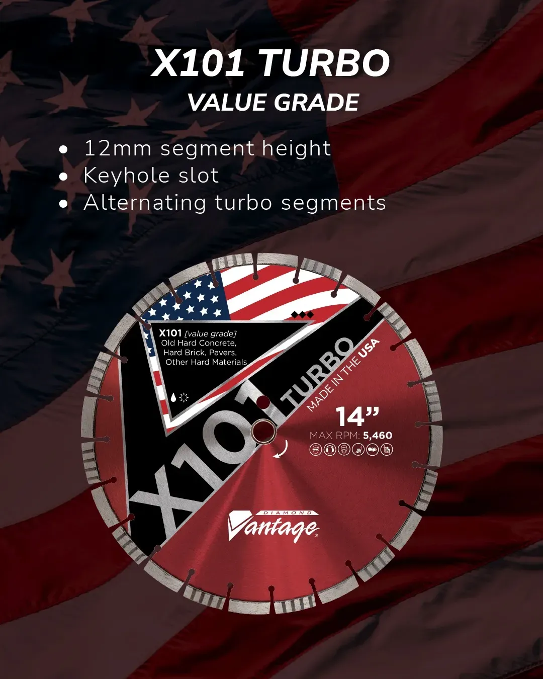 Diamond Vantage X101 Turbo Value Brick Masonry Diamond Blade 6 Diamond Vantage X101 turbo diamond blade featuring 12mm segment height, keyhole slots, and alternating turbo segments for hard materials