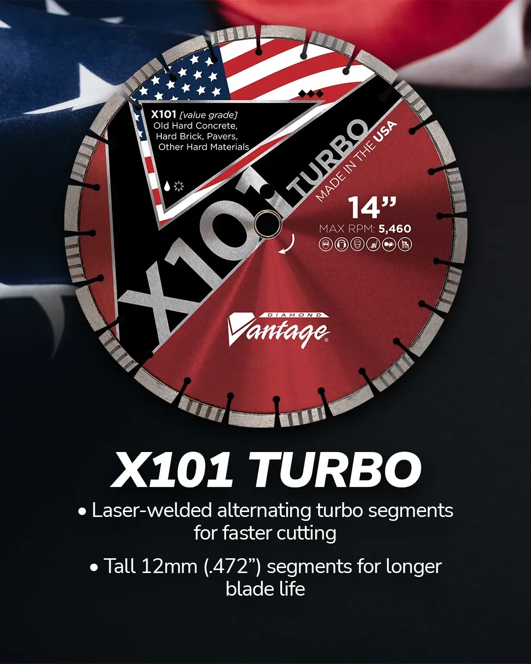 Diamond Vantage X101 Turbo Value Brick Masonry Diamond Blade 5 Diamond Vantage X101 turbo diamond blade designed for cutting hard concrete, brick, pavers, and masonry materials