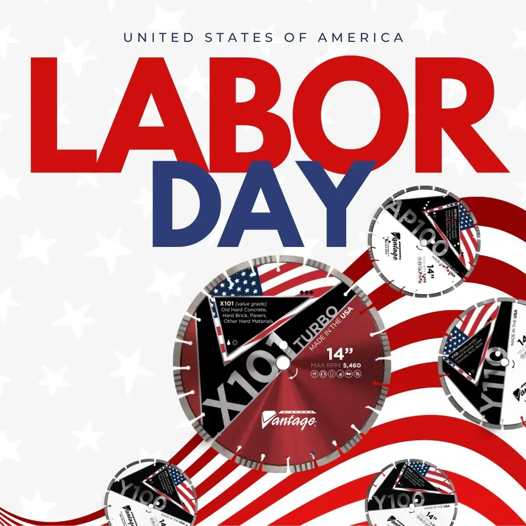 Diamond Vantage X101 Turbo Value Brick Masonry Diamond Blade 9 Diamond Vantage X101 turbo diamond blade made in the USA shown in Labor Day promotional graphic with American flag background