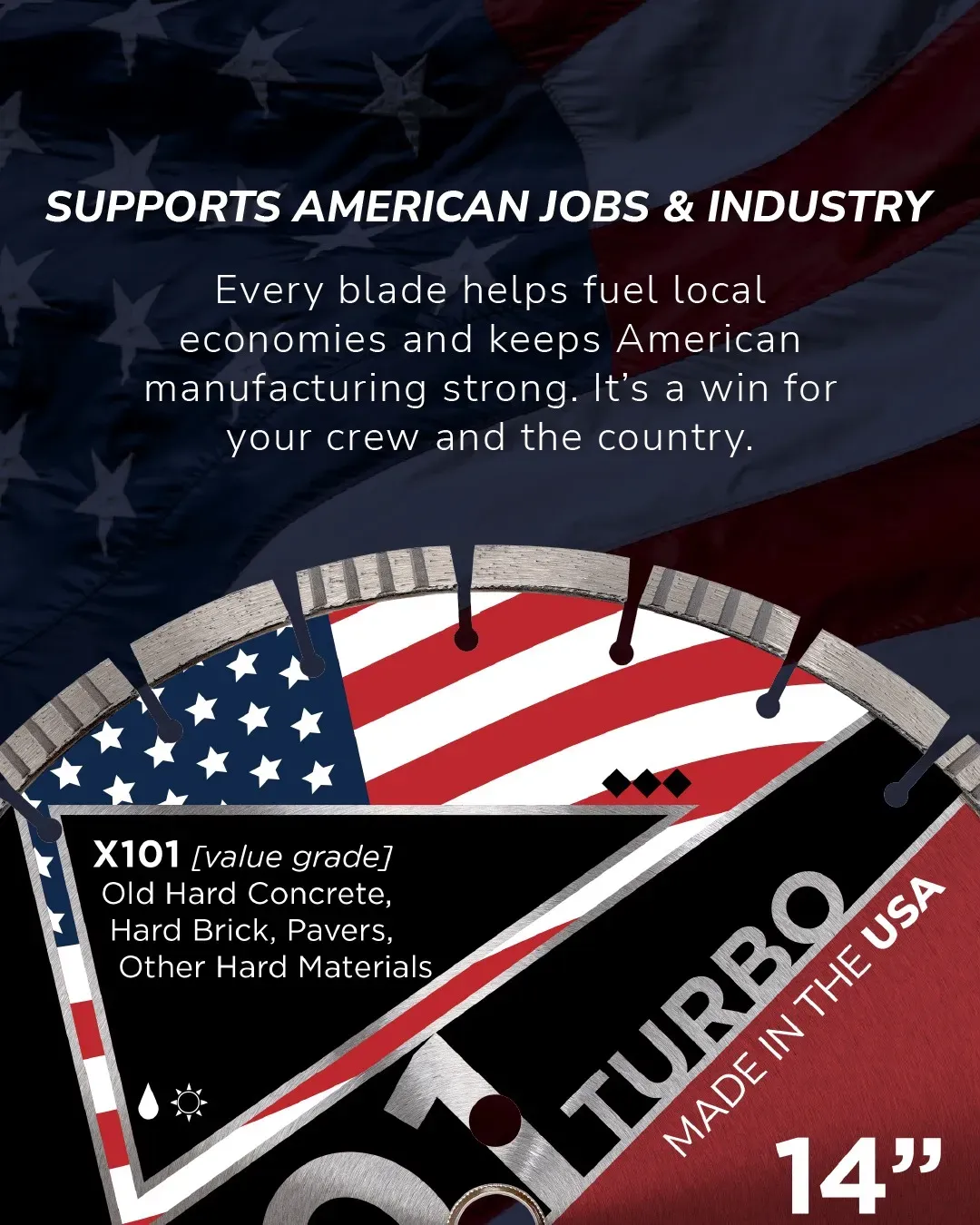 Diamond Vantage X101 Turbo Value Brick Masonry Diamond Blade 7 Close-up of Diamond Vantage X101 turbo diamond blade showing laser welded turbo segments and made in the USA design details