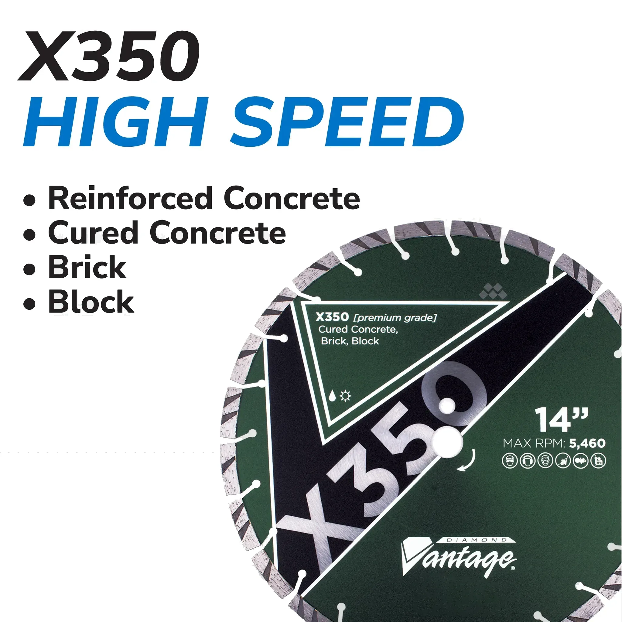 Diamond Vantage X350 Premium General Concrete Diamond Blade 8 X350 premium diamond blade highlighting segment height and cutting materials
