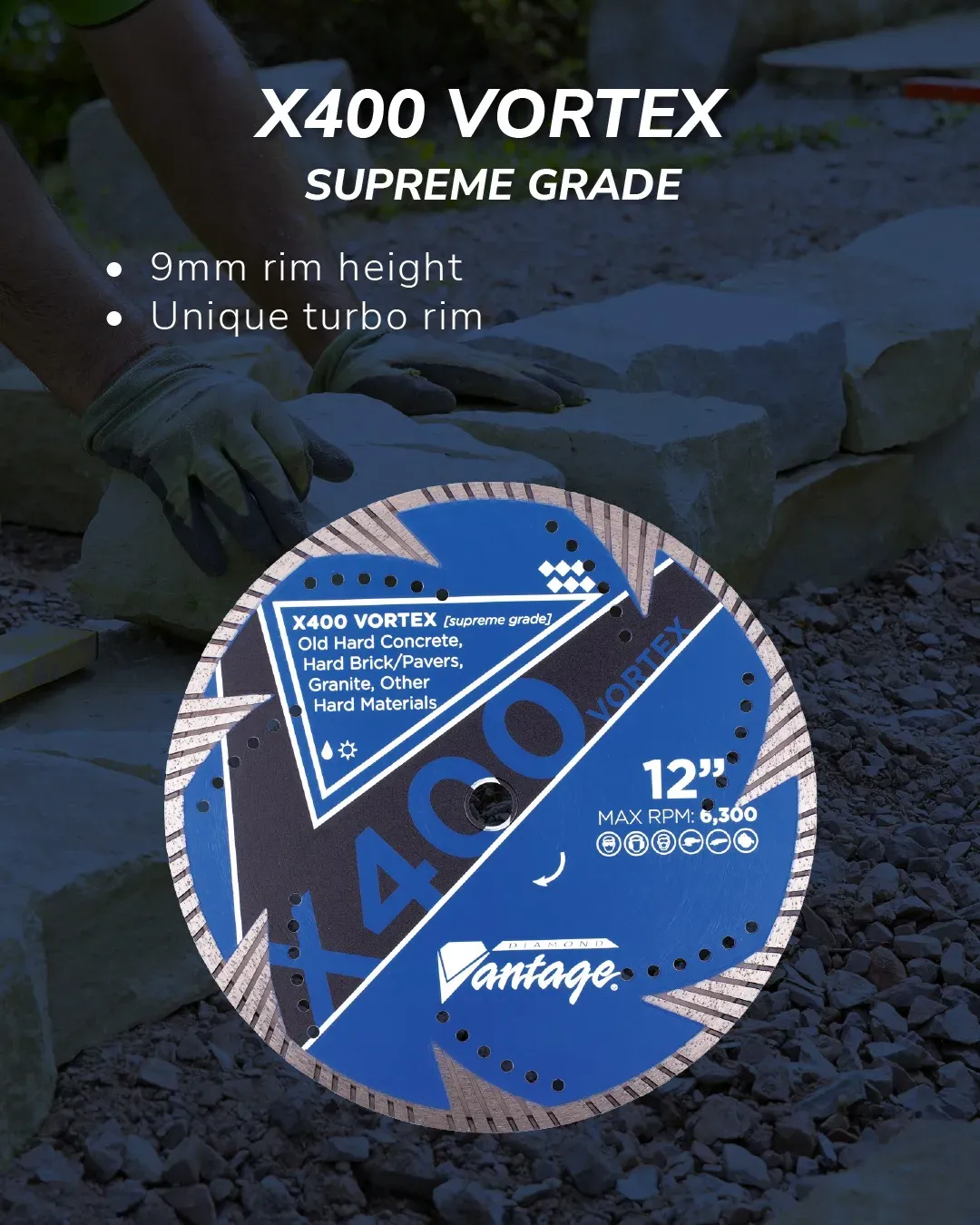 Diamond Vantage Supreme Masonry Diamond Blade X400 Vortex 5 Diamond Vantage X400 Vortex supreme grade diamond blade with 9mm segment height and vortex turbo rim for cutting hard concrete, brick, and pavers.
