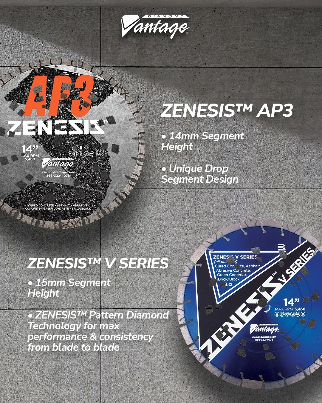 Zenesis V All Purpose Pattern Technology Diamond Blade 6 Zenesis V Series and AP3 all purpose diamond blade comparison showing segment height and cutting performance features