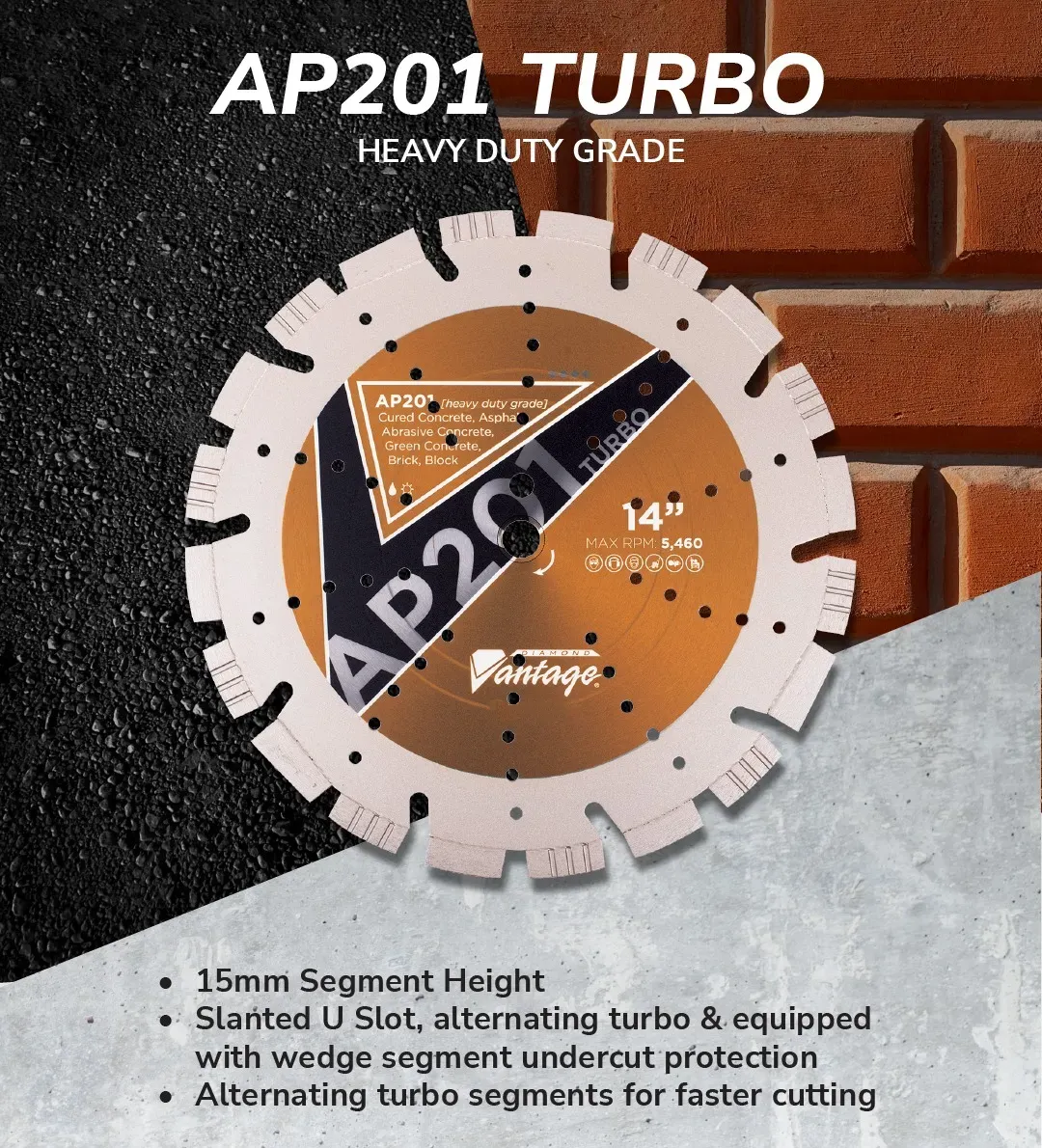 Diamond Vantage AP201 All Purpose Turbo Segment Diamond Blade 5 AP201 heavy duty all purpose diamond blade shown against concrete and brick background