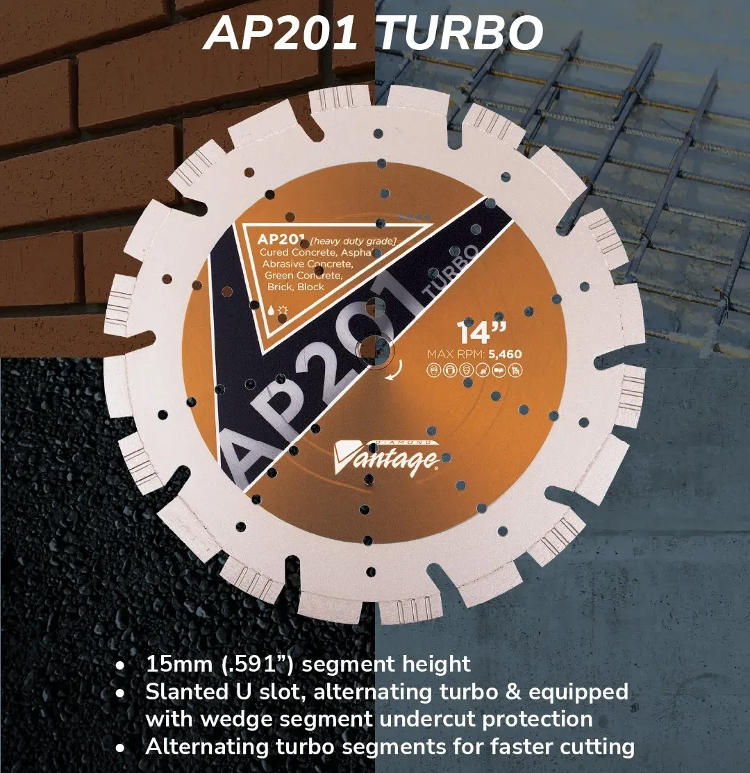 Diamond Vantage AP201 All Purpose Turbo Segment Diamond Blade 8 Diamond Vantage AP201 turbo diamond blade displayed in construction jobsite setting