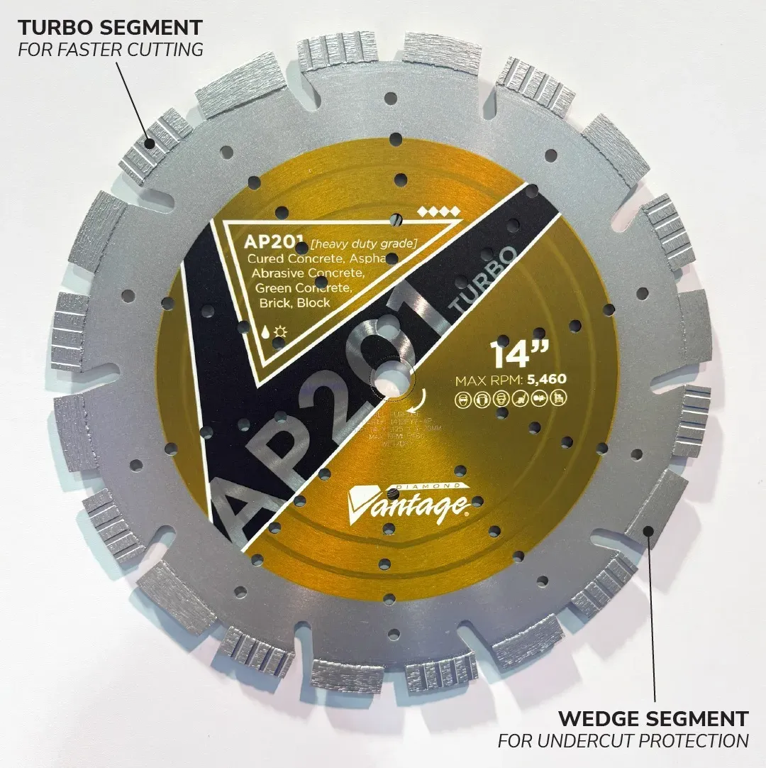 Diamond Vantage AP201 All Purpose Turbo Segment Diamond Blade 6 AP201 heavy duty diamond blade showing turbo segments and wedge undercut protection